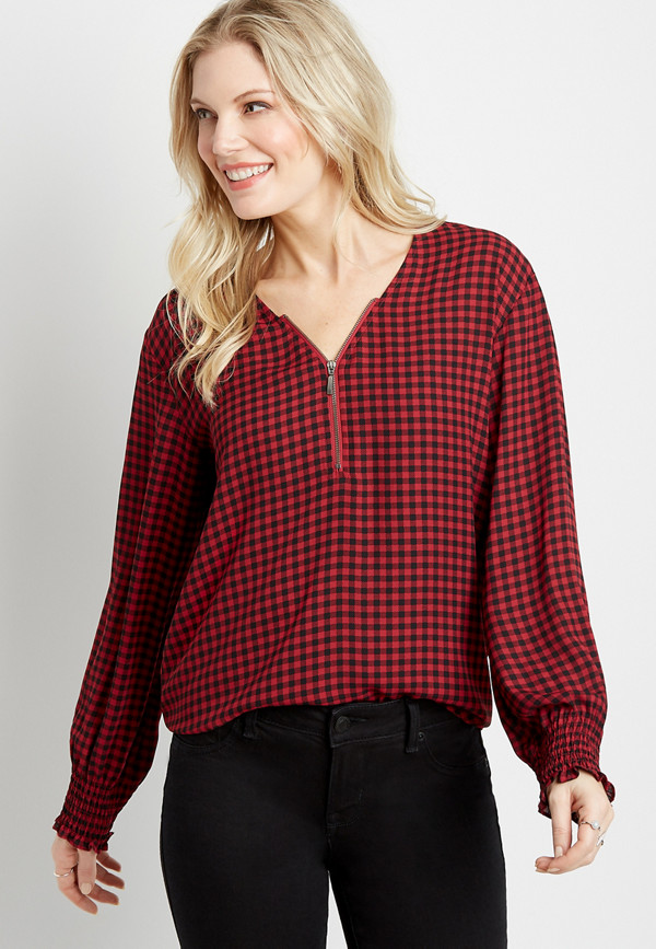 Red Buffalo Plaid Zipper Neck Blouse | maurices