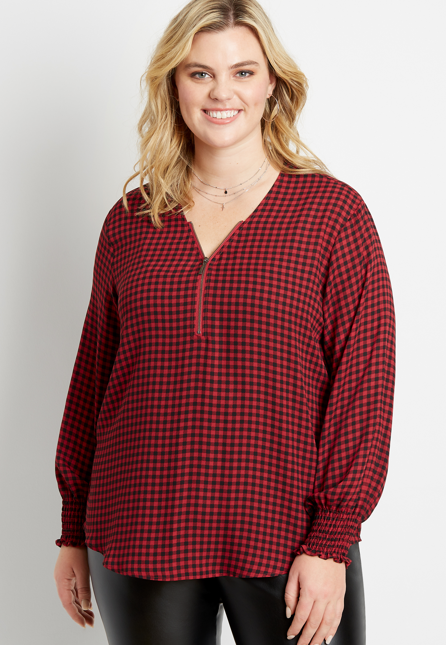 Plus Size Red Buffalo Plaid Zipper Neck Blouse | maurices