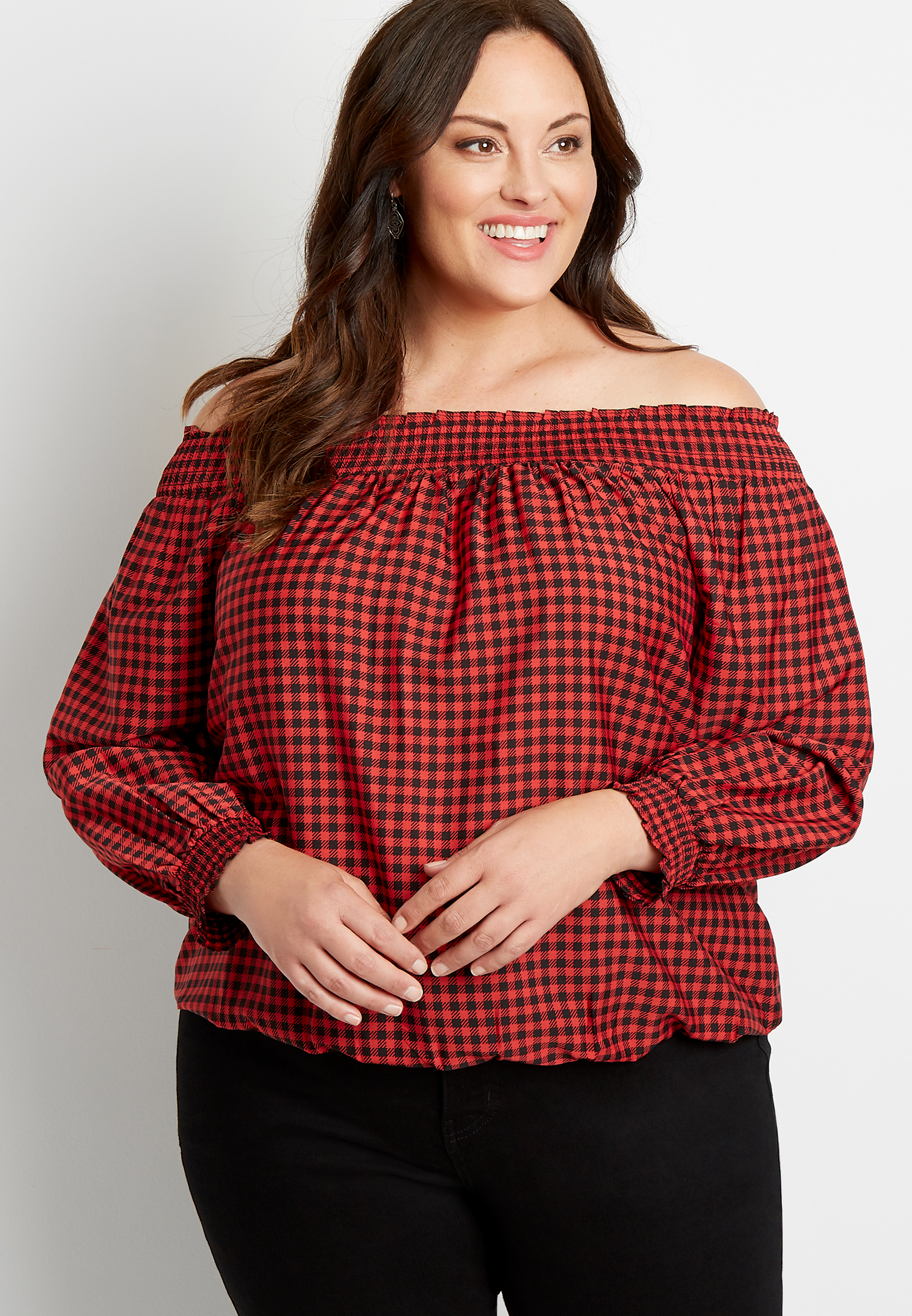 Plus Size Red Checker Print Smocked Off The Shoulder Top | maurices