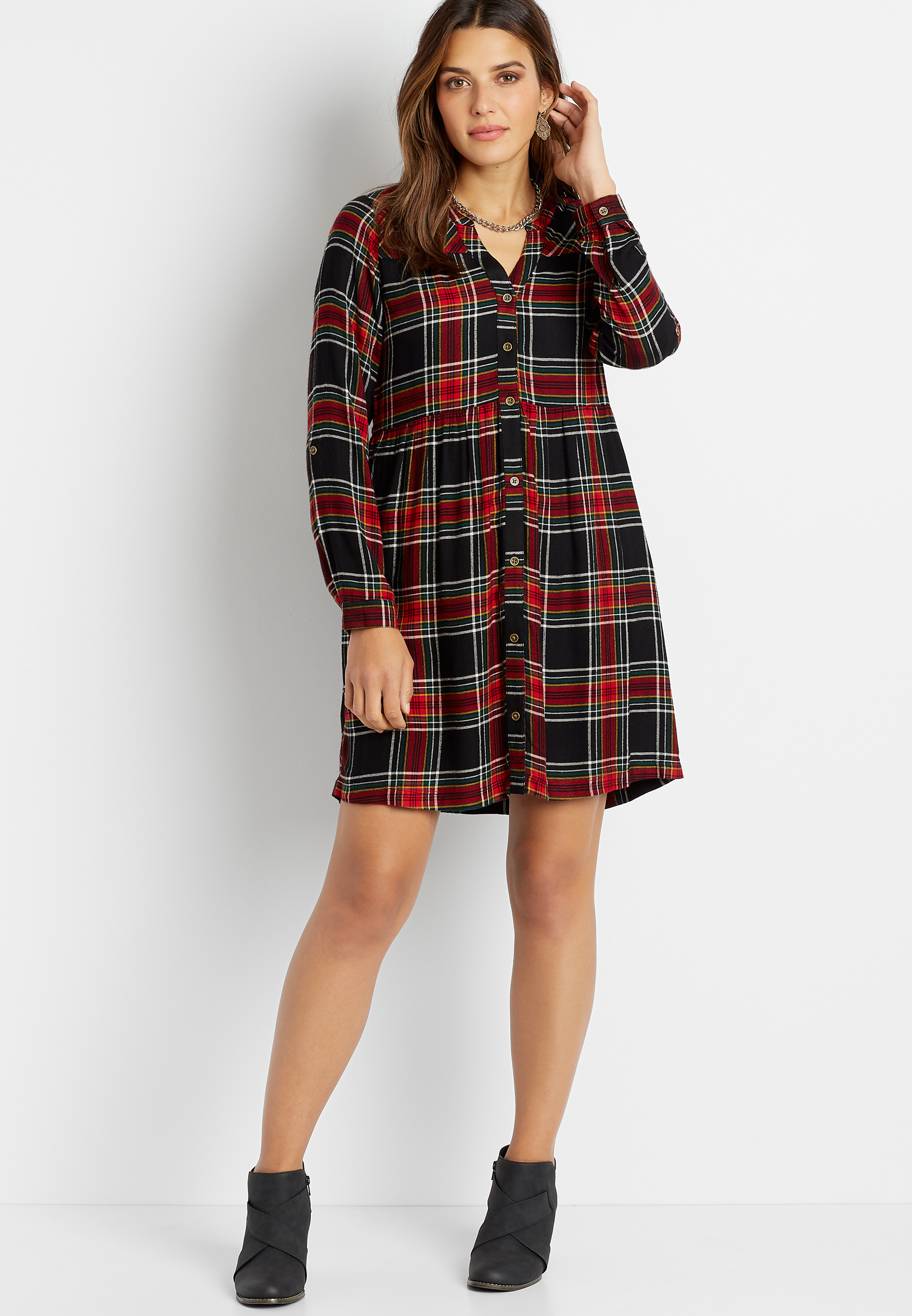 Black Plaid Button Front Babydoll Shirtdress | maurices