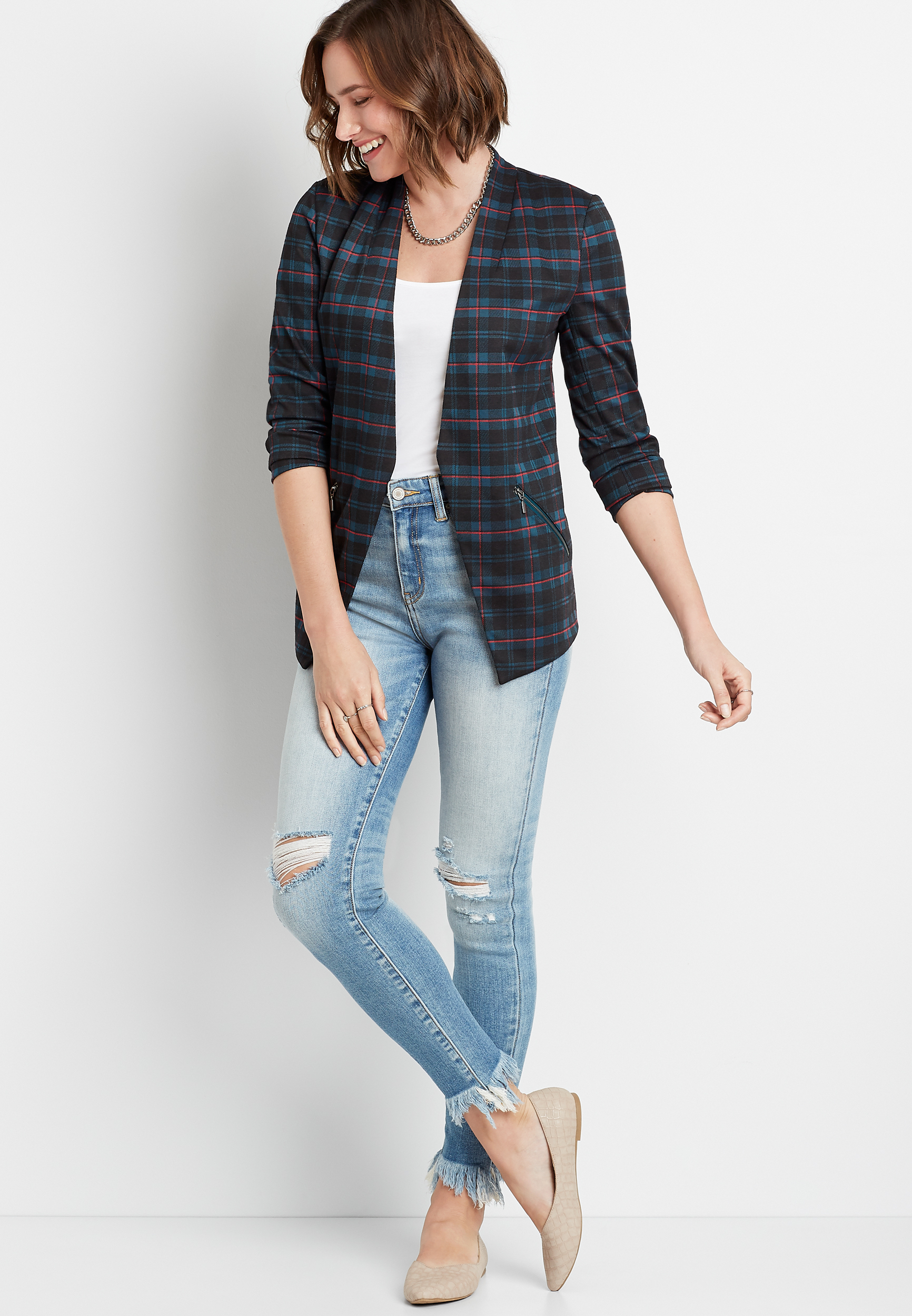 Plaid Open Front Blazer | maurices