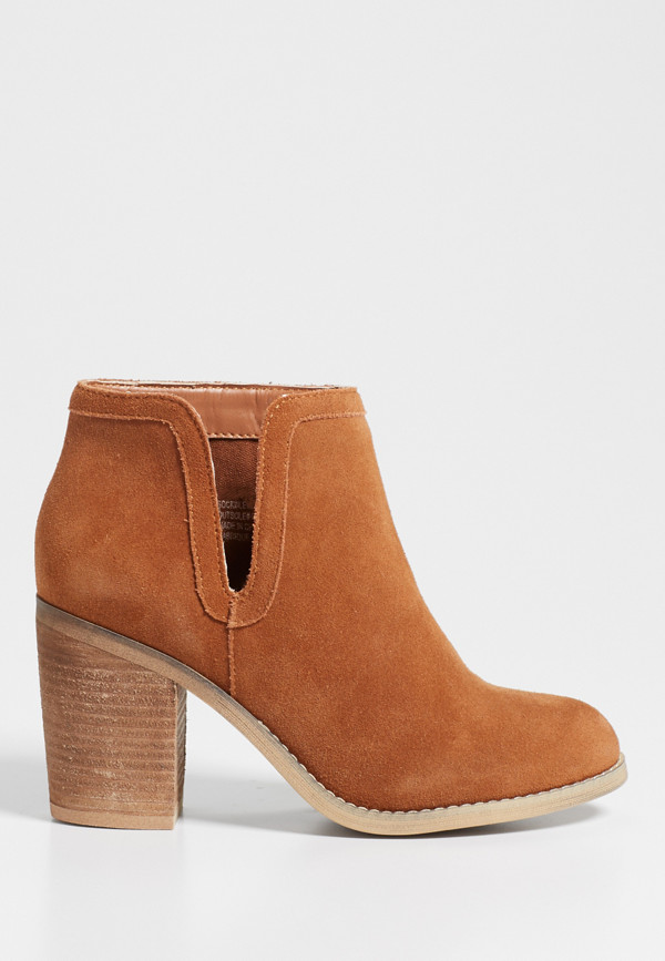Macy genuine suede heeled bootie with cutout in cognac | maurices