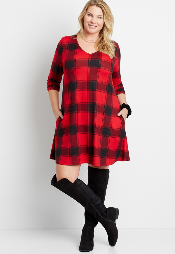Plus Size Red Buffalo Plaid Cozy Pocket Long Sleeve Shift Dress | maurices