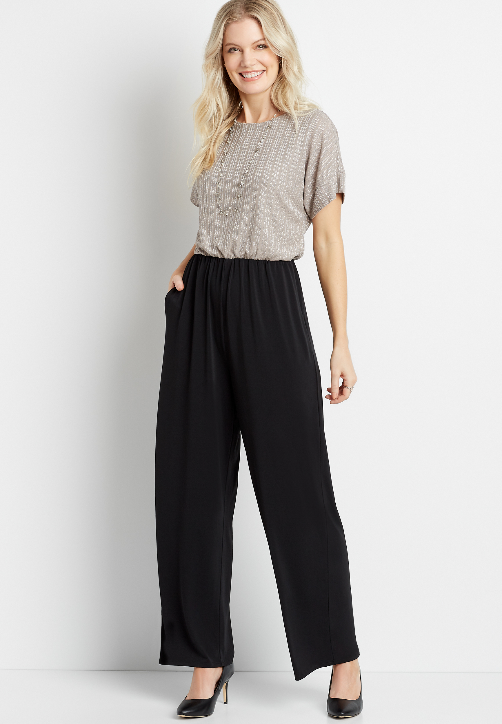 Shimmer Top Short Sleeve Pocket Jumpsuit | maurices