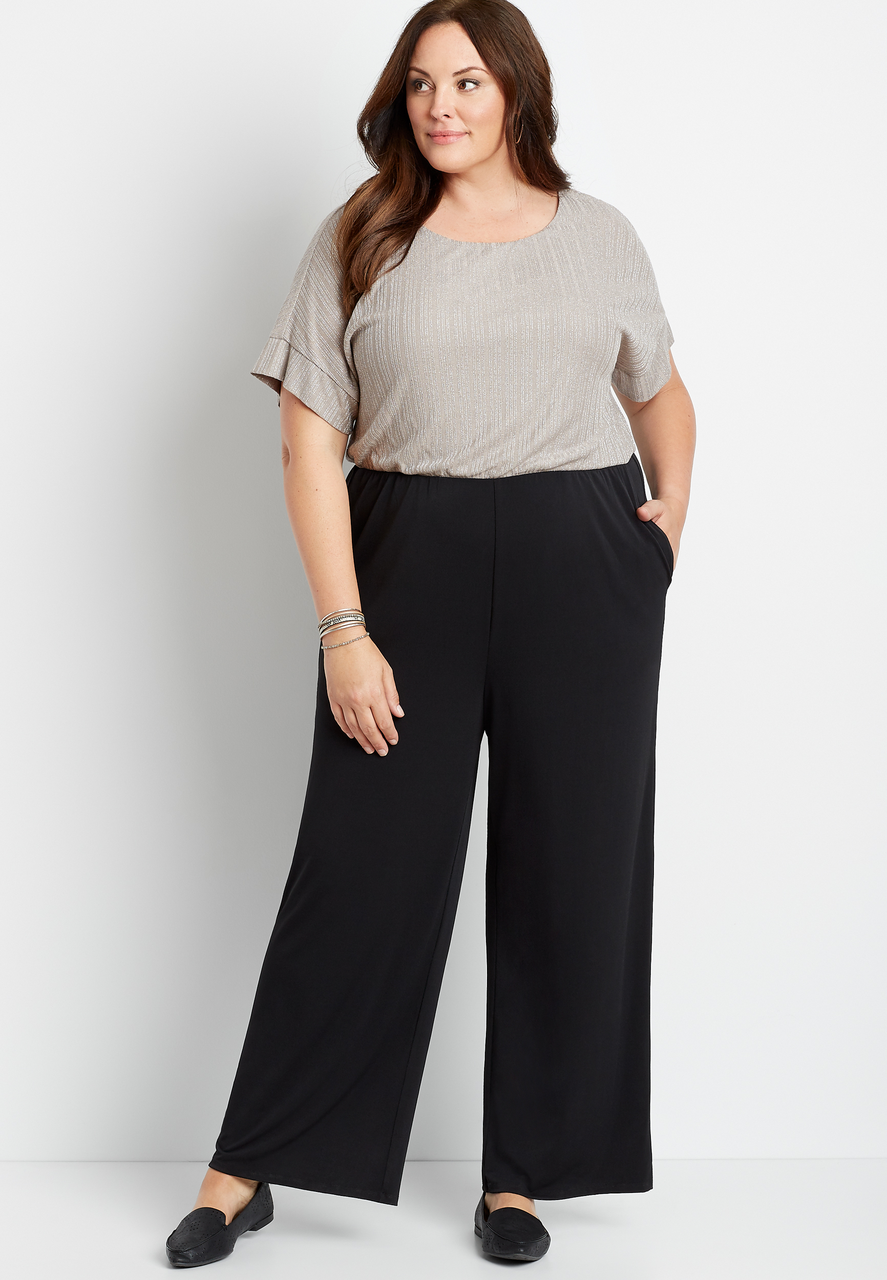 Plus Size Shimmer Top Short Sleeve Pocket Jumpsuit | maurices