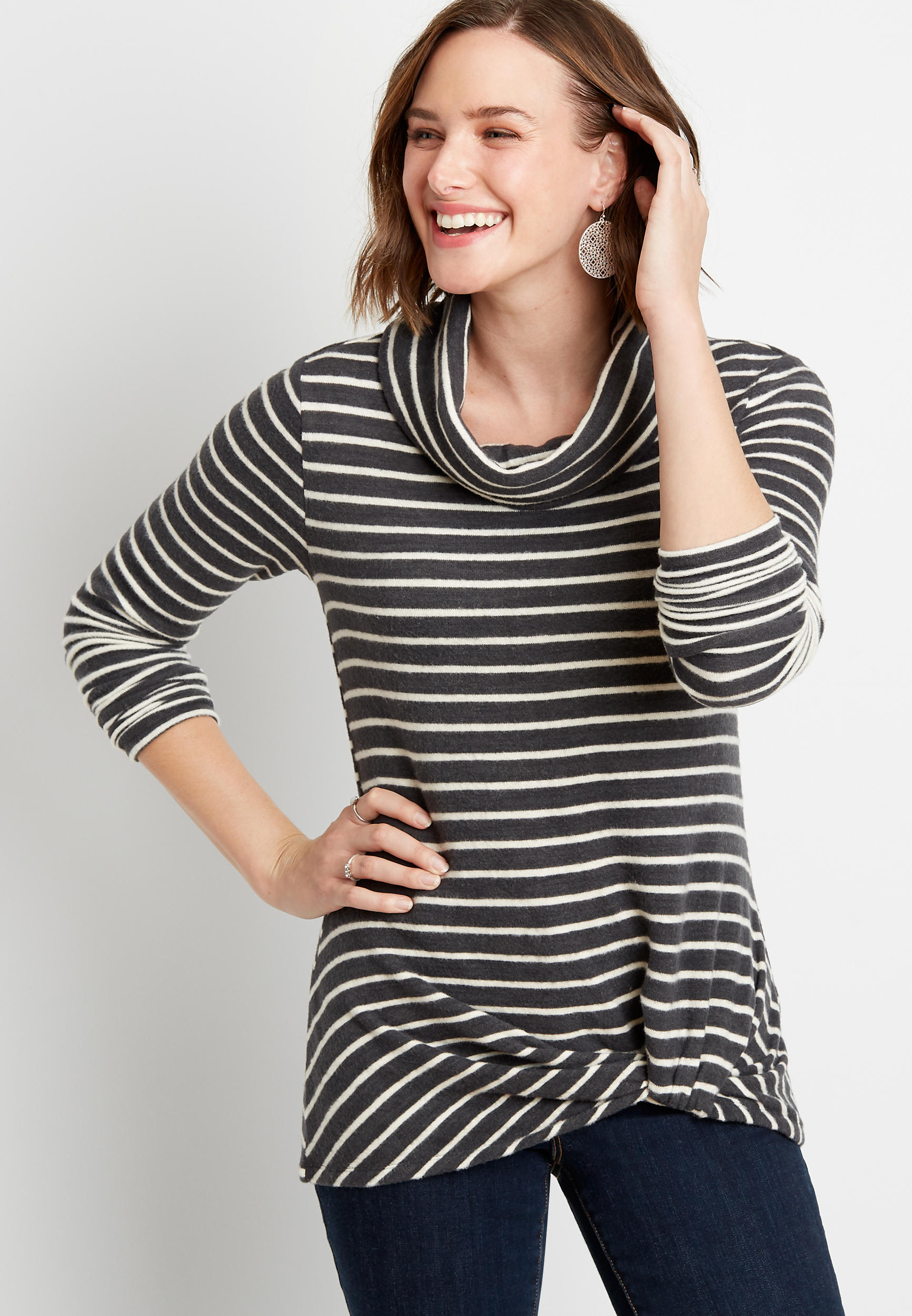 24/7 Gray Stripe Cowl Neck Knot Hem Tee | maurices