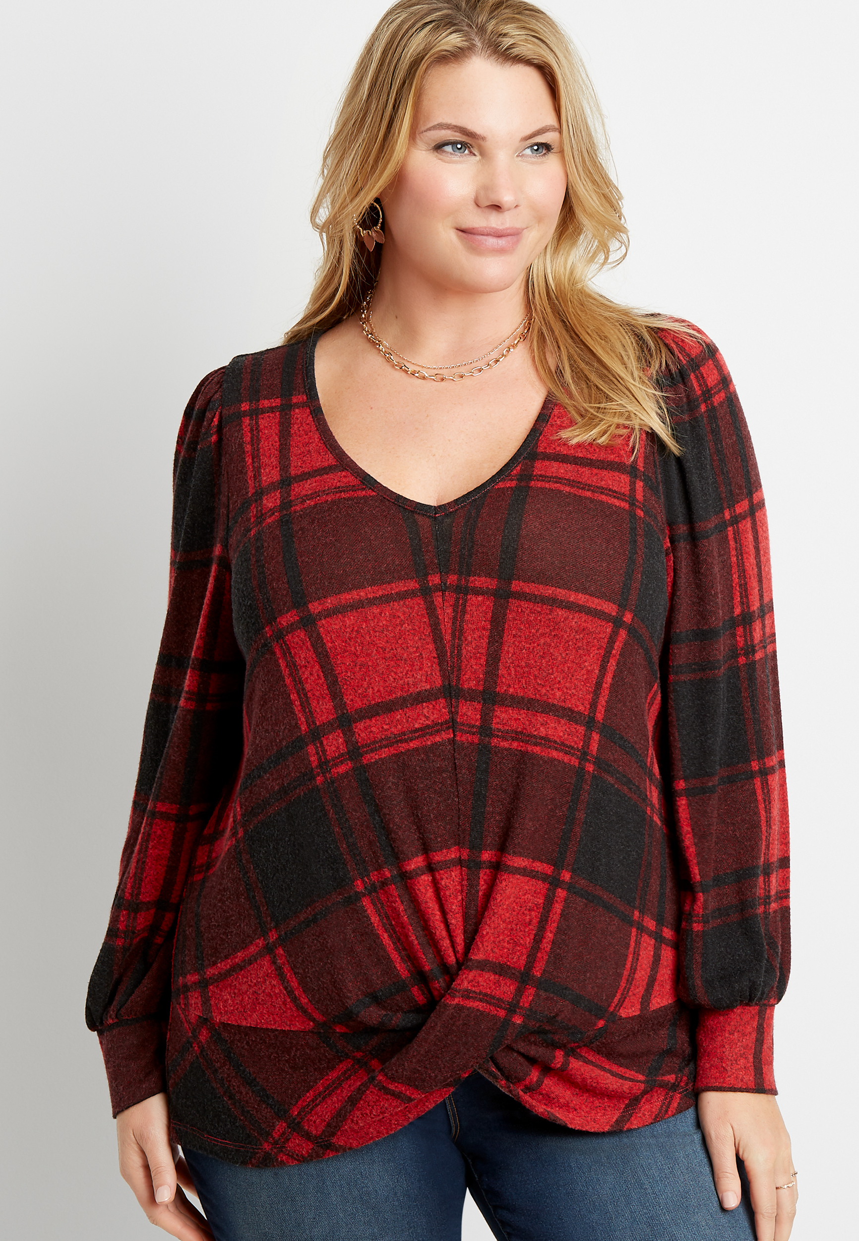 Plus Size 24/7 Buffalo Plaid Long Blouson Sleeve Twist Hem Tee | maurices