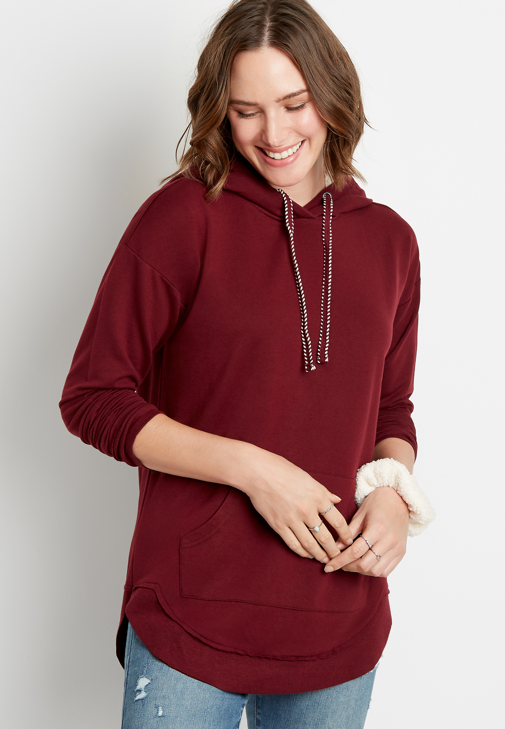 Solid Berry Faux Fur Lined Hood Pullover Hoodie | maurices