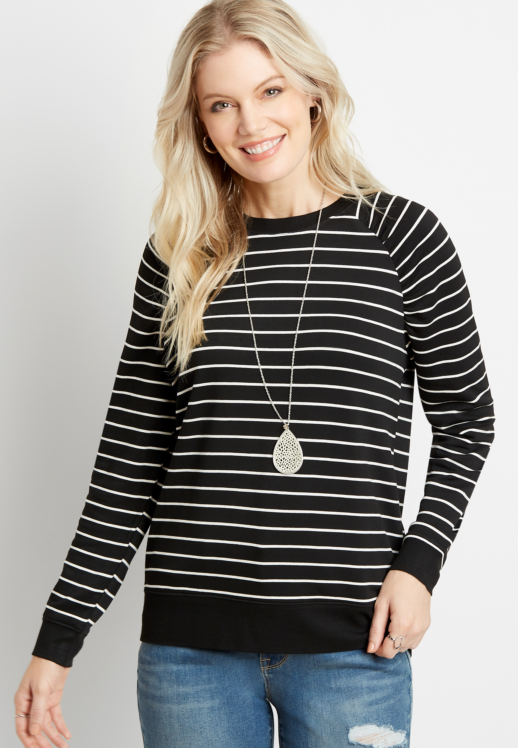 Black Stripe Crew Neck Pullover Sweatshirt | maurices