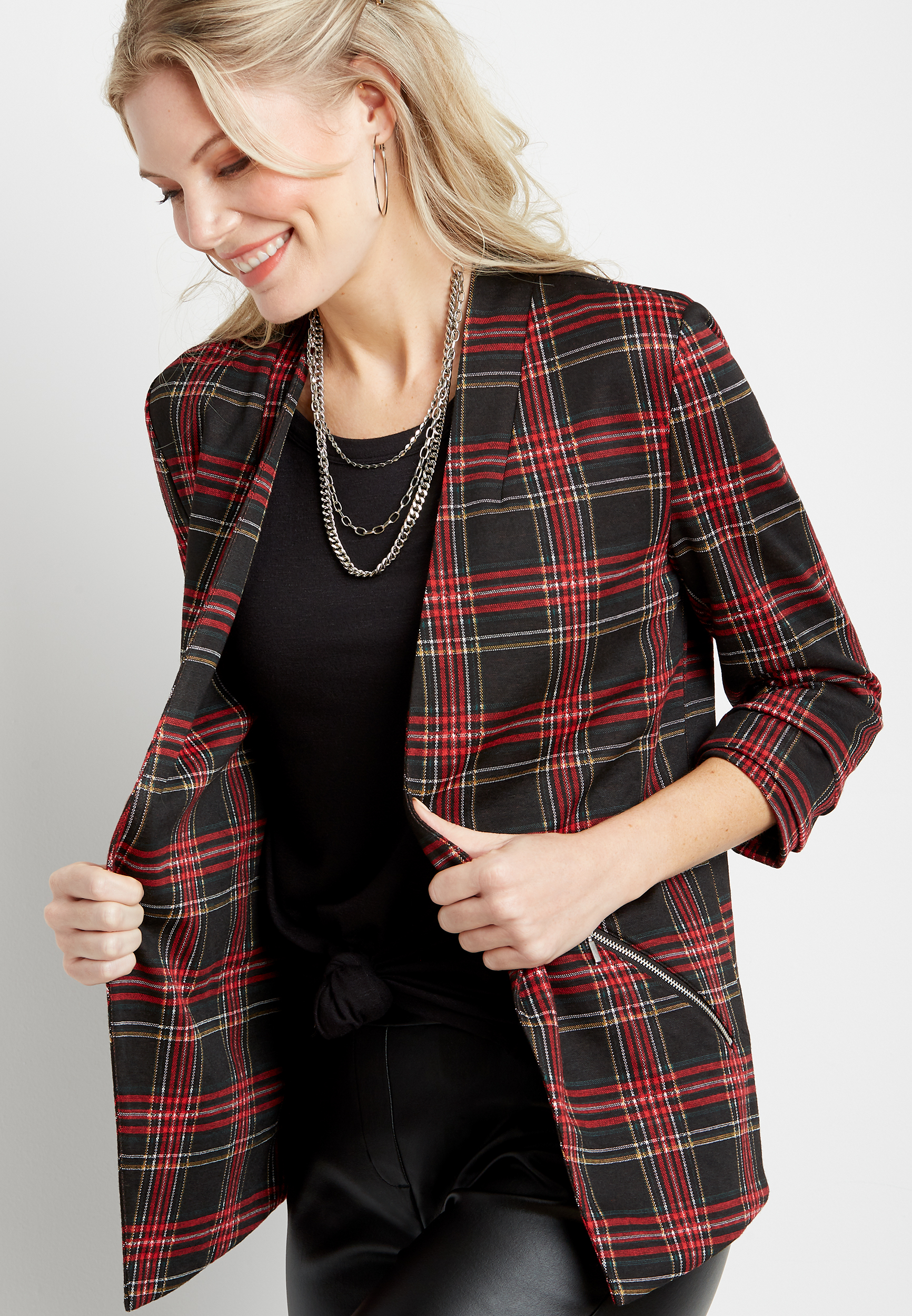 Black Plaid Open Front Blazer maurices