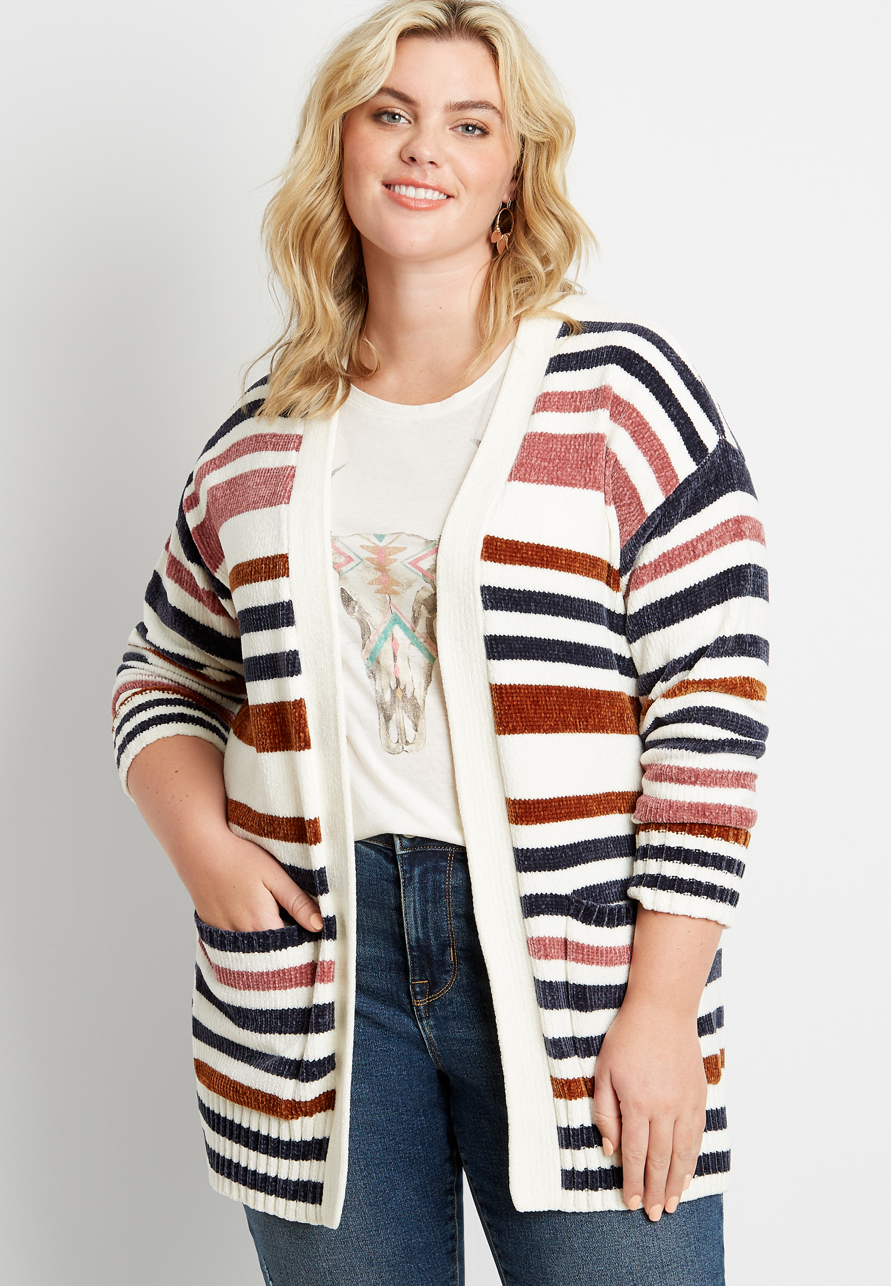 Plus Size White Stripe Chenille Open Front Cardigan | maurices