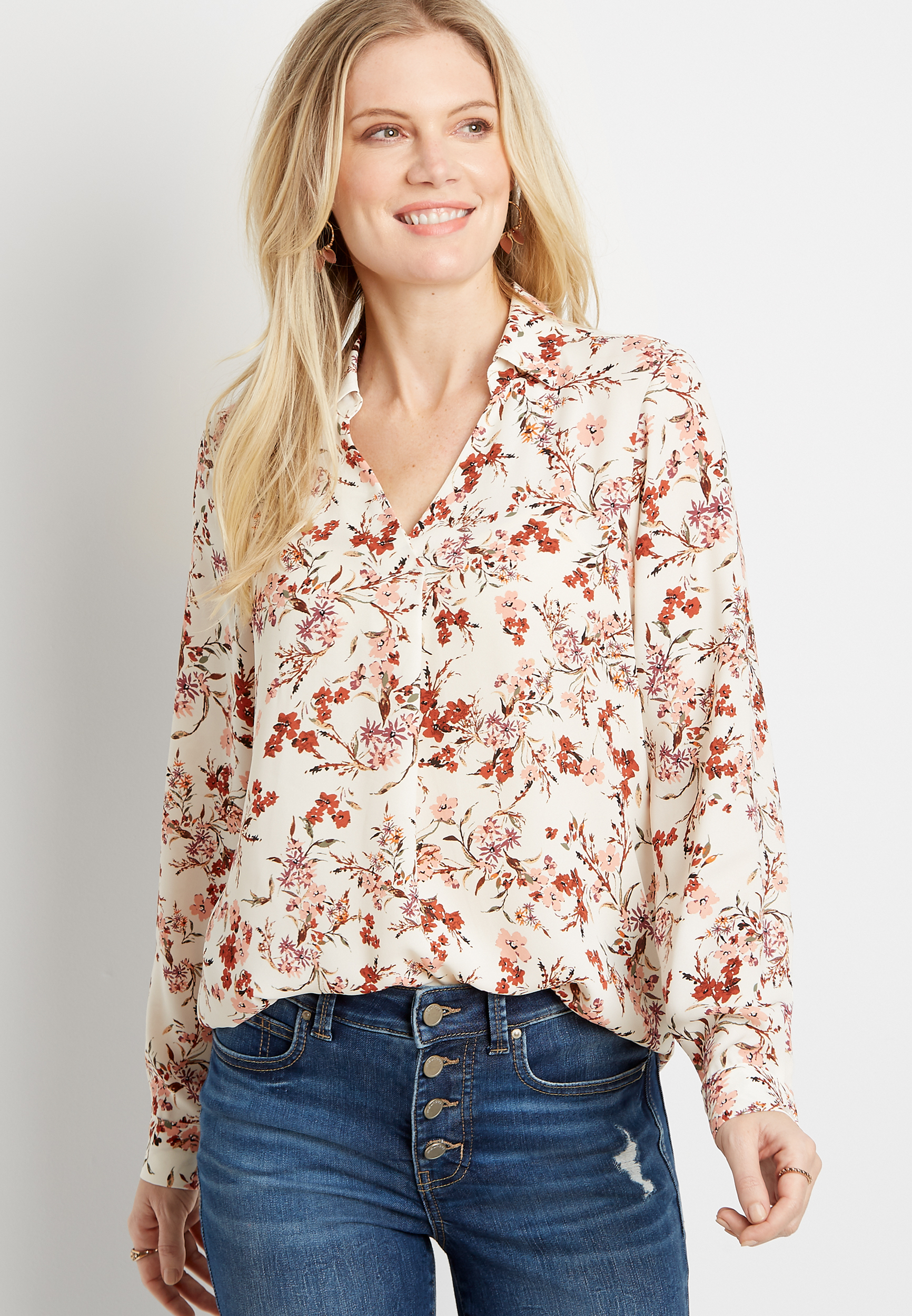 White Floral Collared Pleat Front Long Sleeve Blouse | maurices