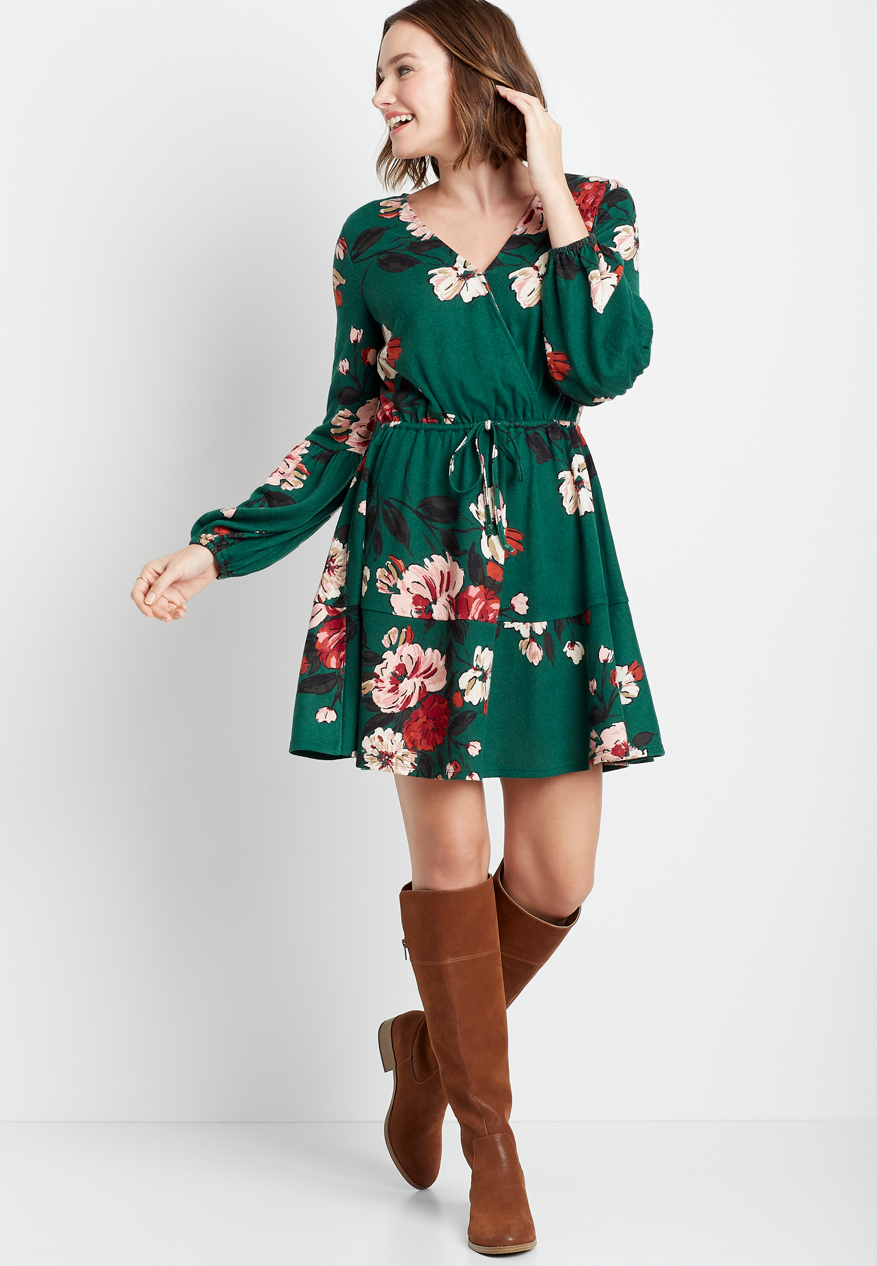 Green Floral Cozy Tiered Mini Dress | maurices