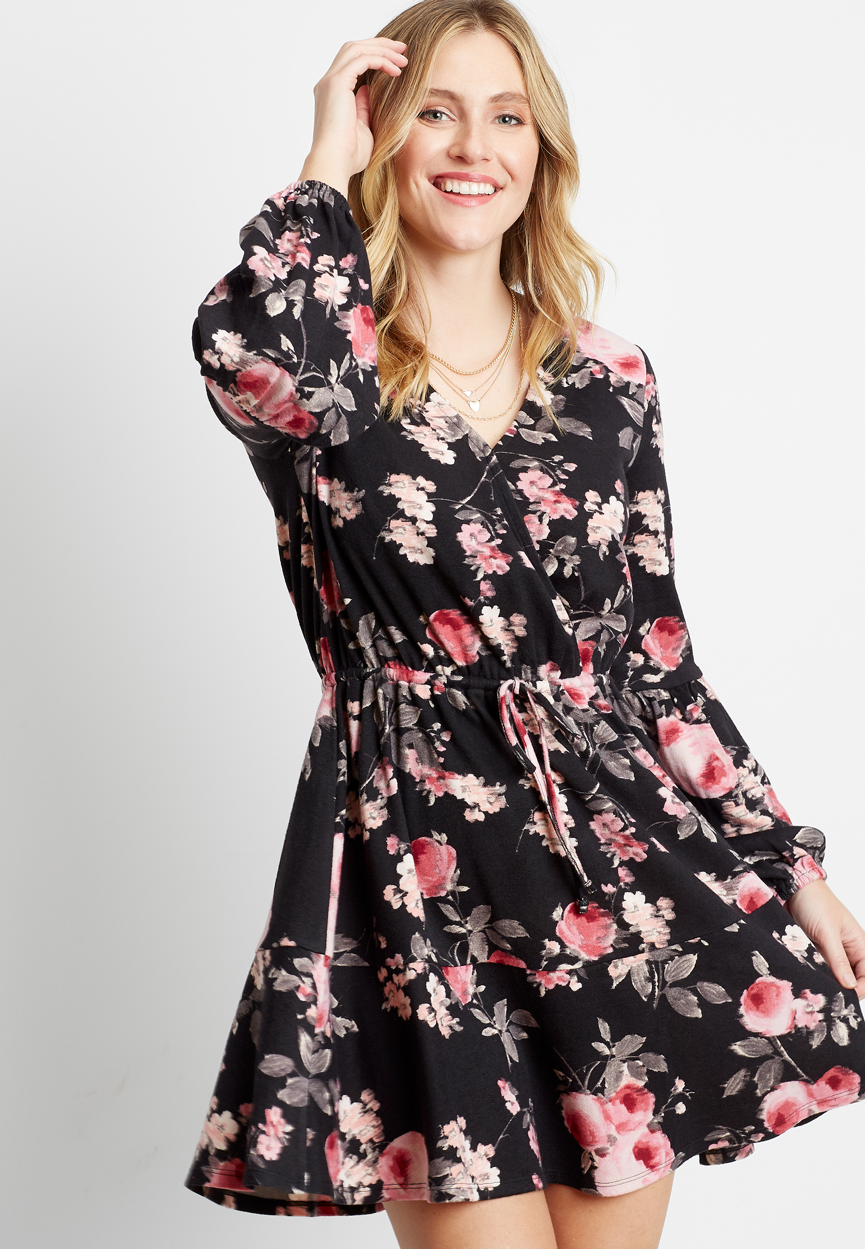 Black Floral Cozy Tiered Mini Dress | maurices