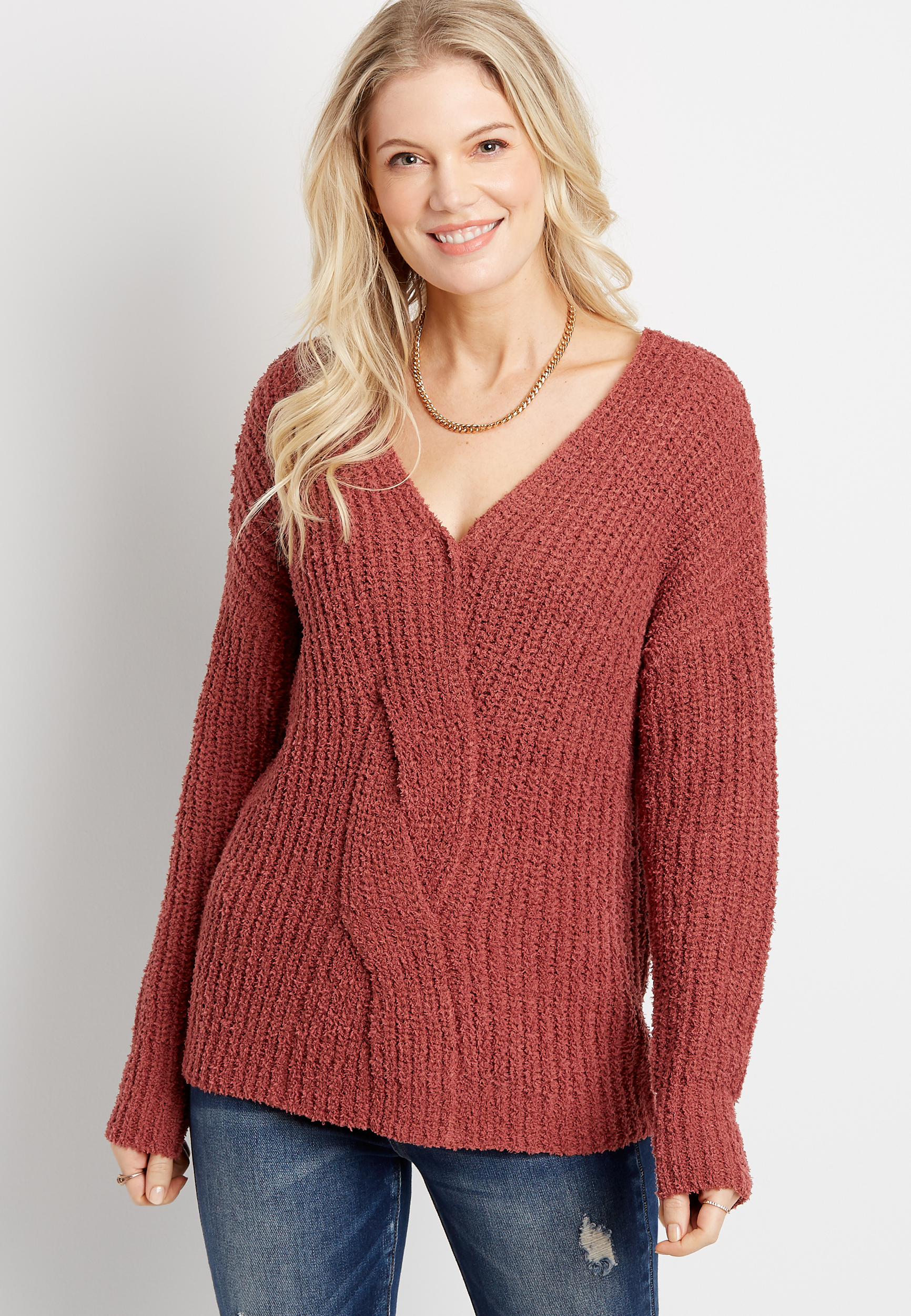 Solid Reversible Cable Knit Pullover Sweater | maurices