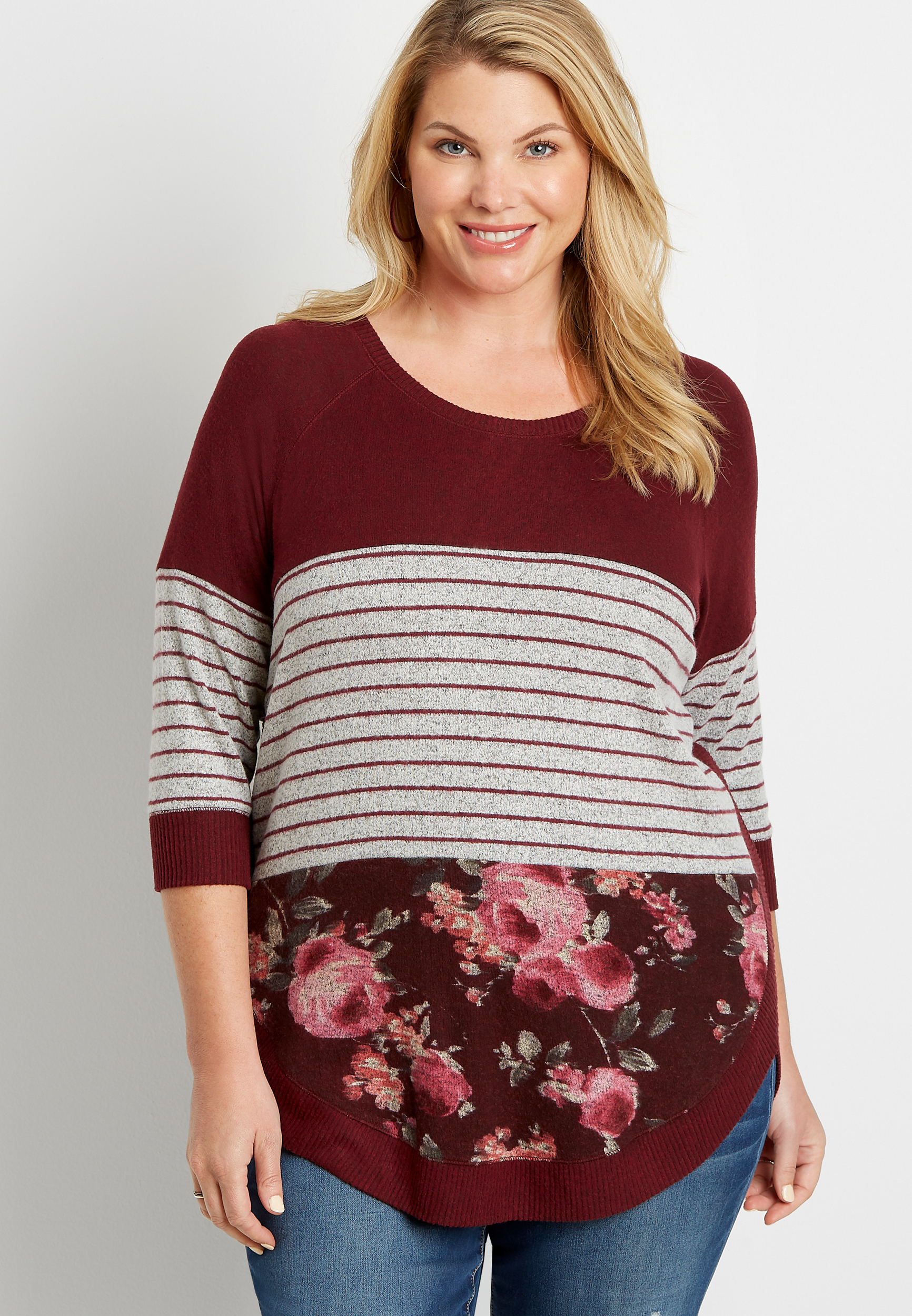 Plus Size Berry Stripe Floral Colorblock Round Hem Pullover | maurices