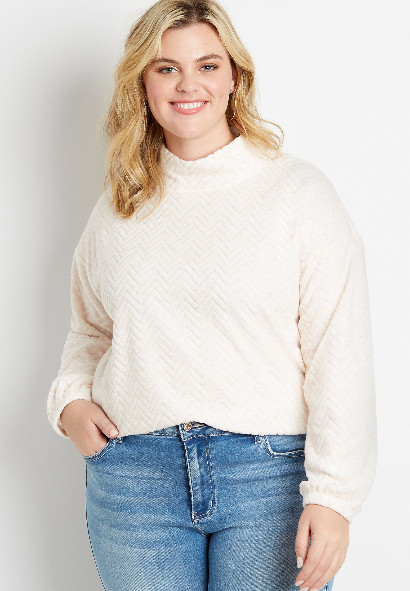 Plus Size Solid Mock Neck Sherpa Pullover Sweatshirt | maurices