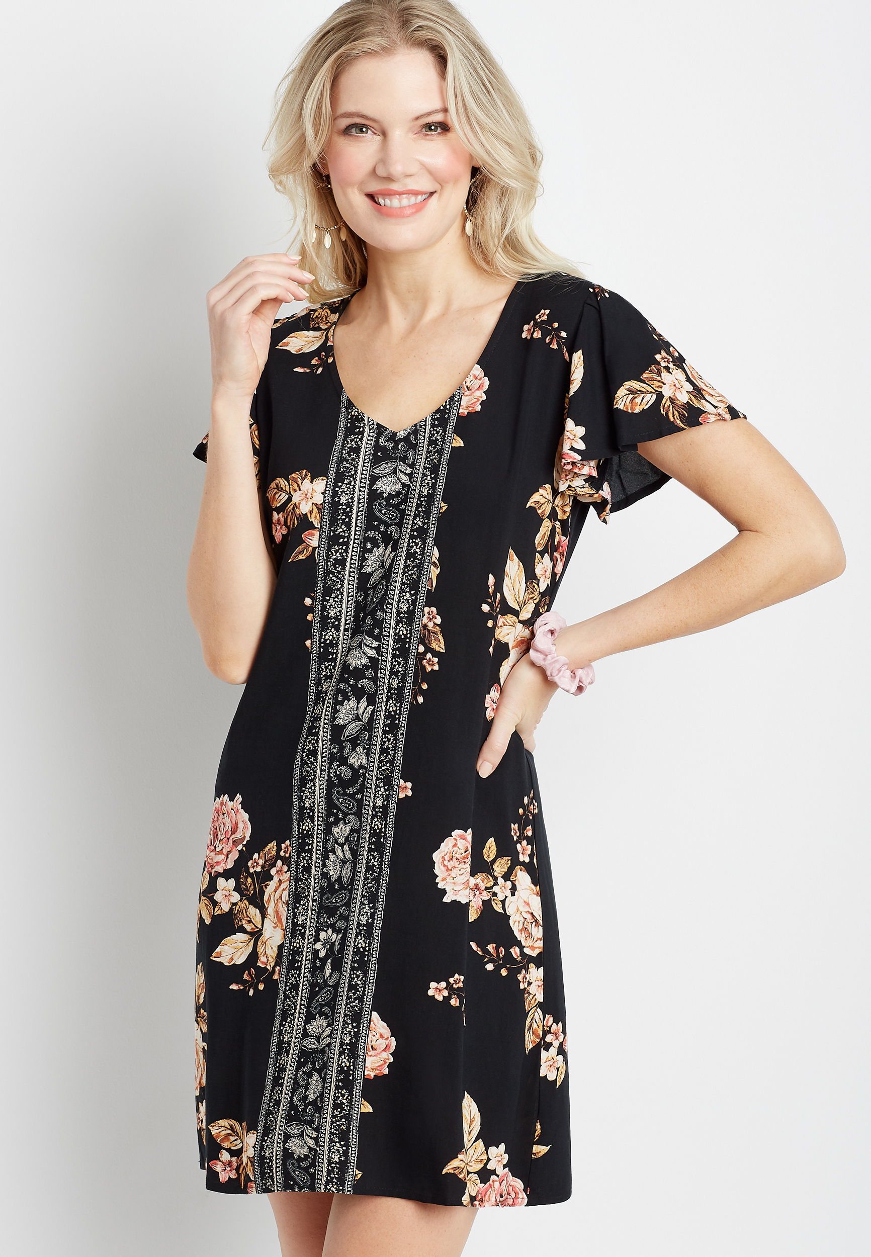 Black Mix Floral Flutter Sleeve Mini Shift Dress | maurices