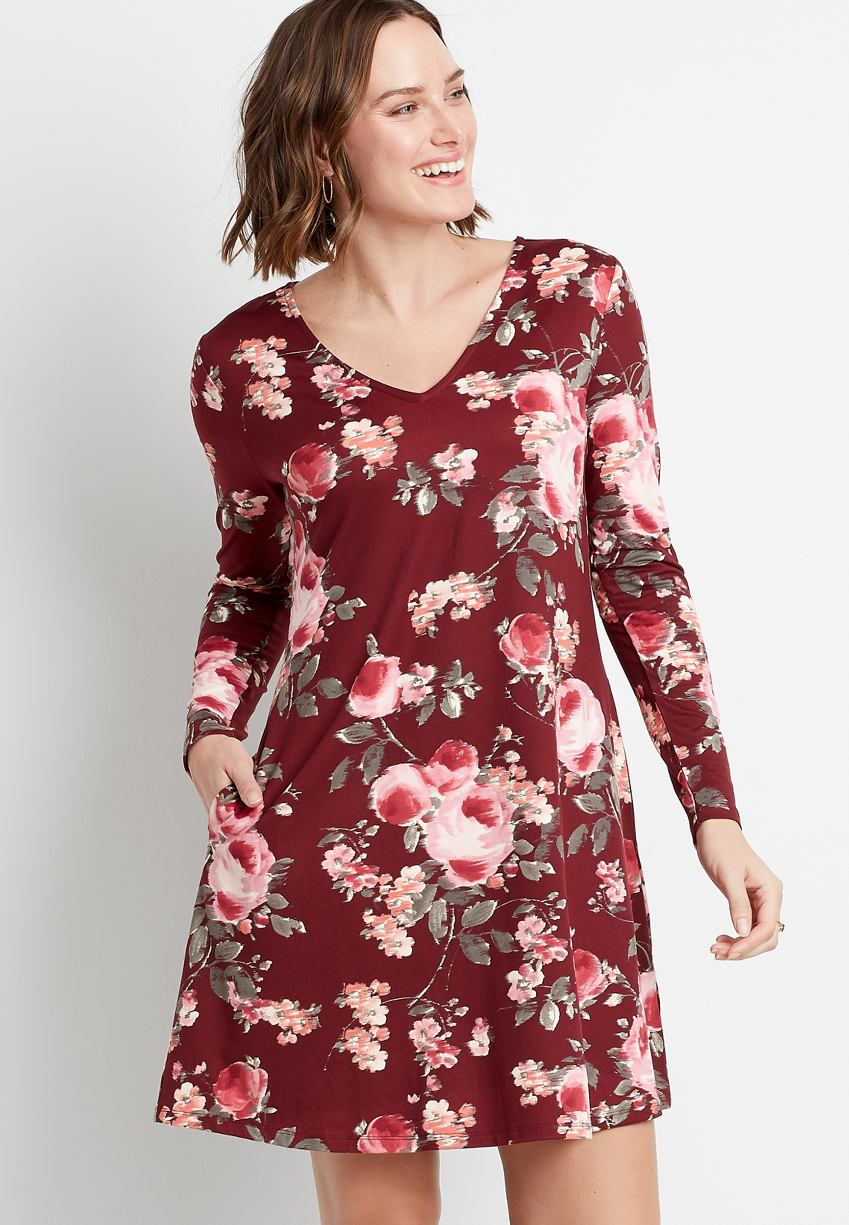 Berry Floral Cozy Pocket Long Sleeve Shift Dress | maurices
