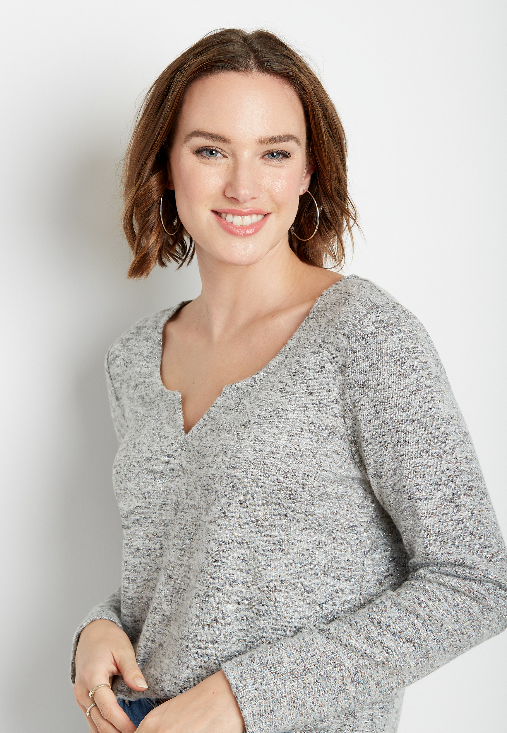 24/7 Heather Gray Split Neck Cozy Tee, , large