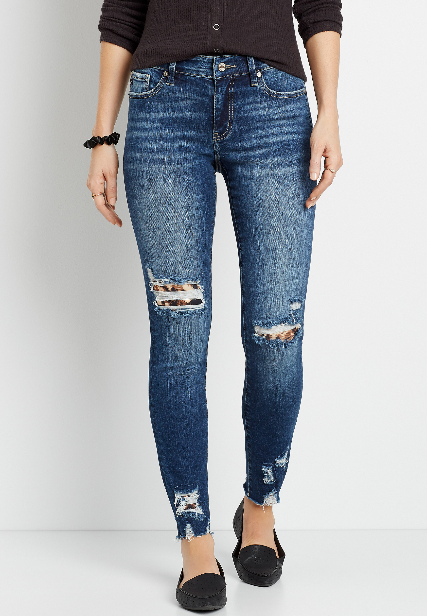 KanCan™ Skinny Mid Rise Leopard Backed Ripped Jean | maurices
