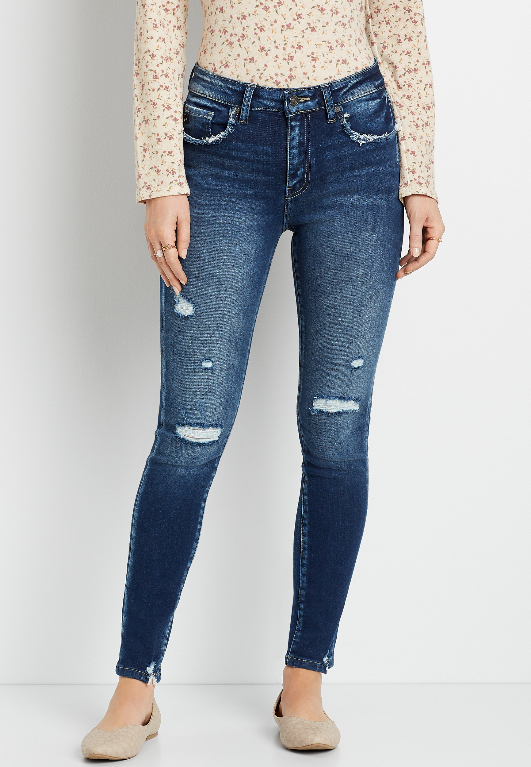 Image of Maurices Womens Kancan&trade; High Rise Dark Wash Fray Pocket Skinny Jeans Blue