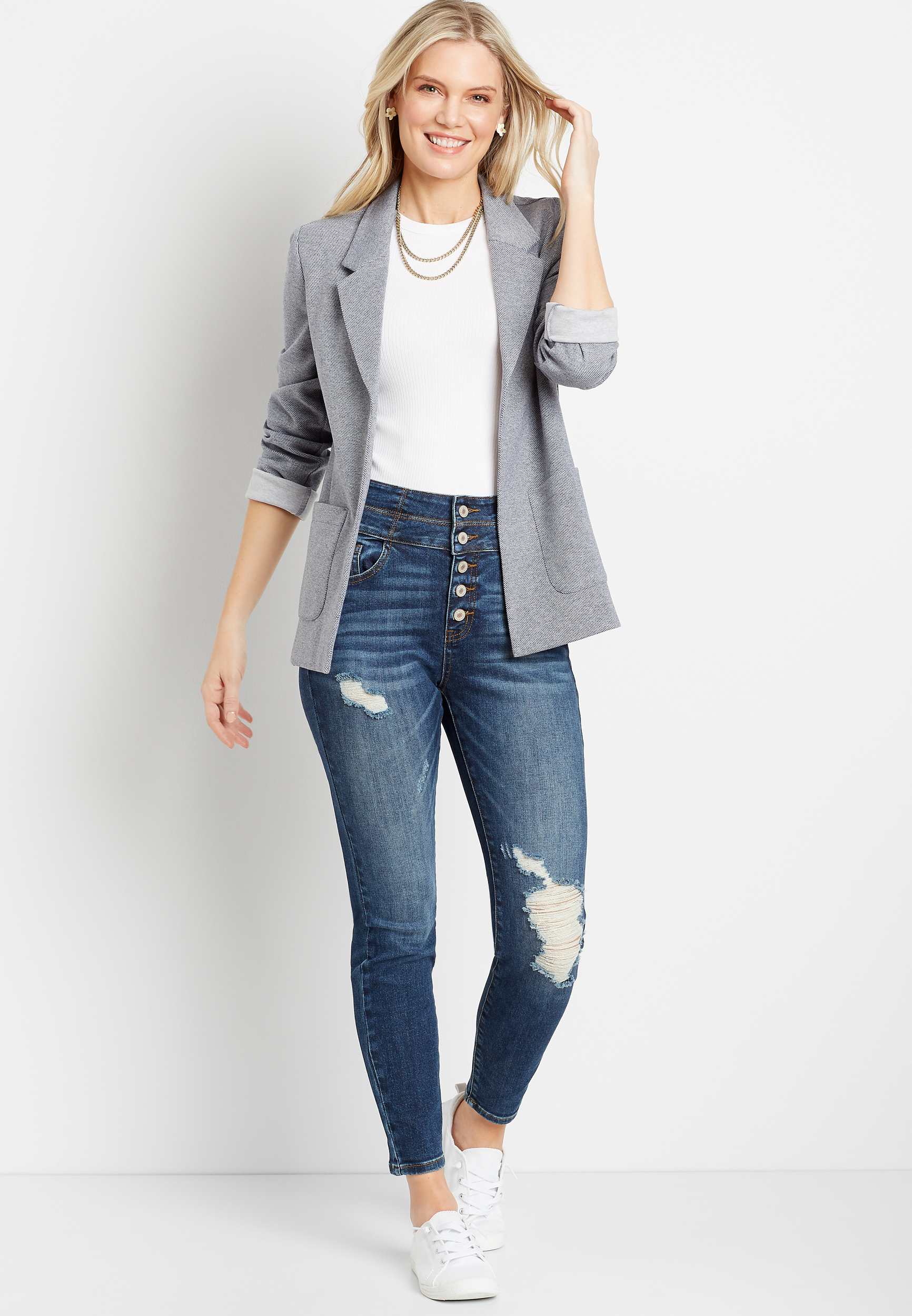 Image of Maurices Womens Kancan&trade; Super High Rise Dark Destructed Curvy Button Fly Skinny Jeans Blue