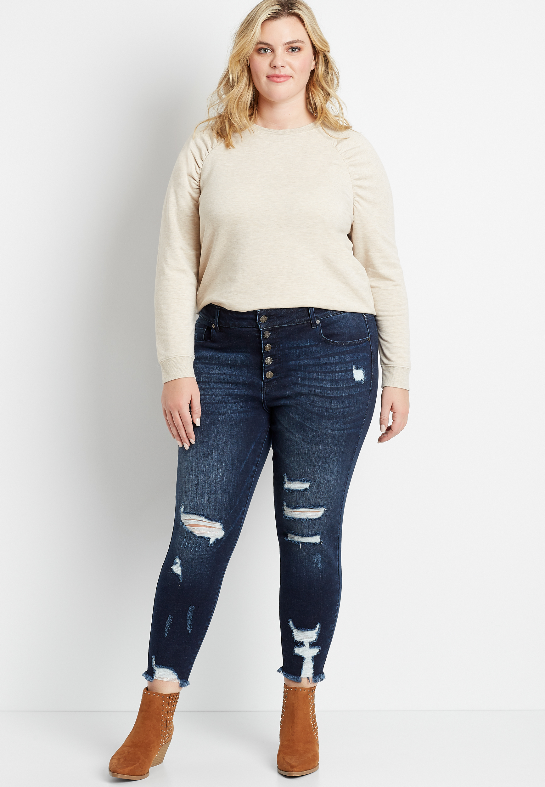 Image of Maurices Plus Size Jeans Womens Kancan&trade; High Rise Dark Destructed Button Fly Skinny Ankle Jeans Blue