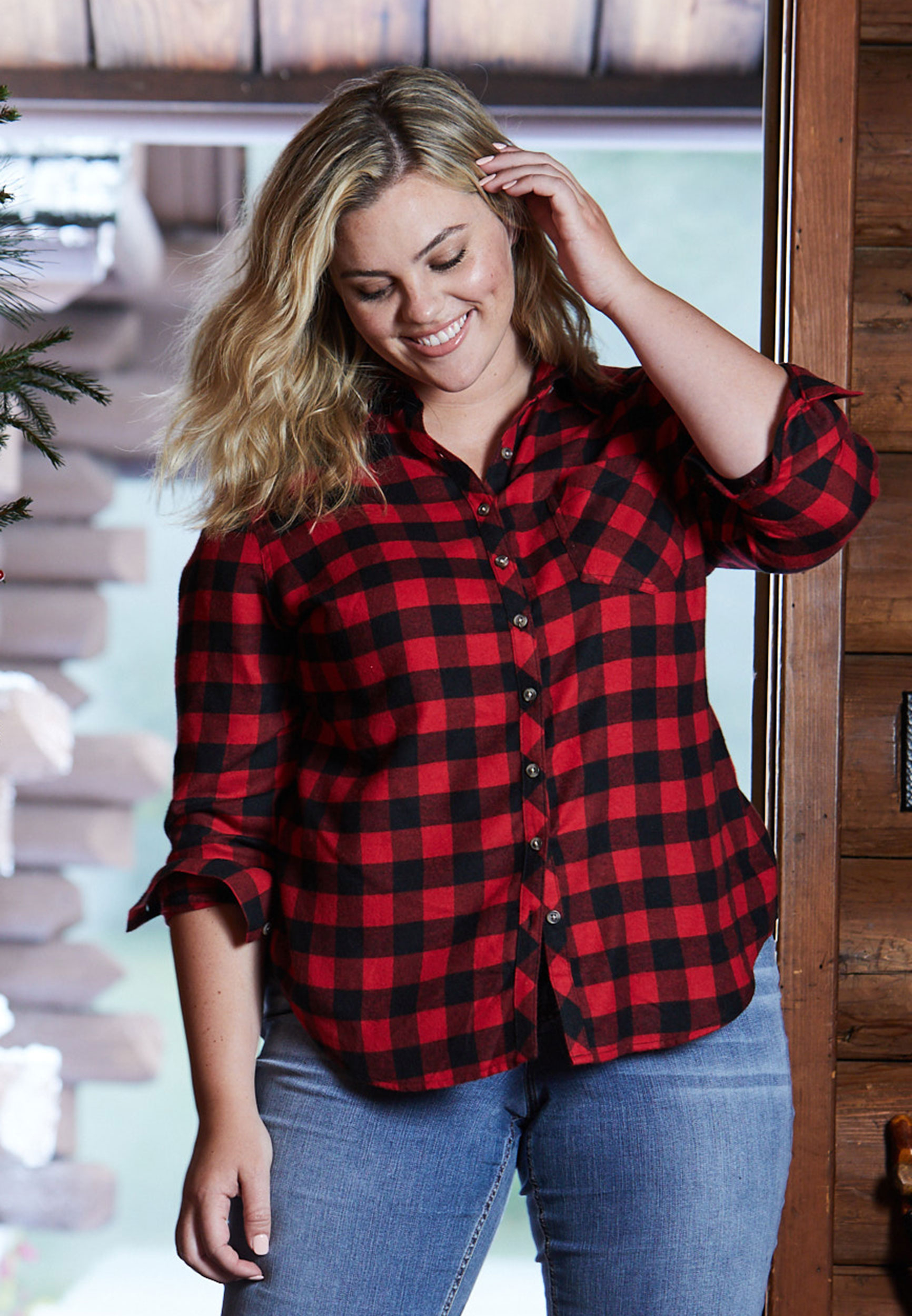 plus size red button down shirt