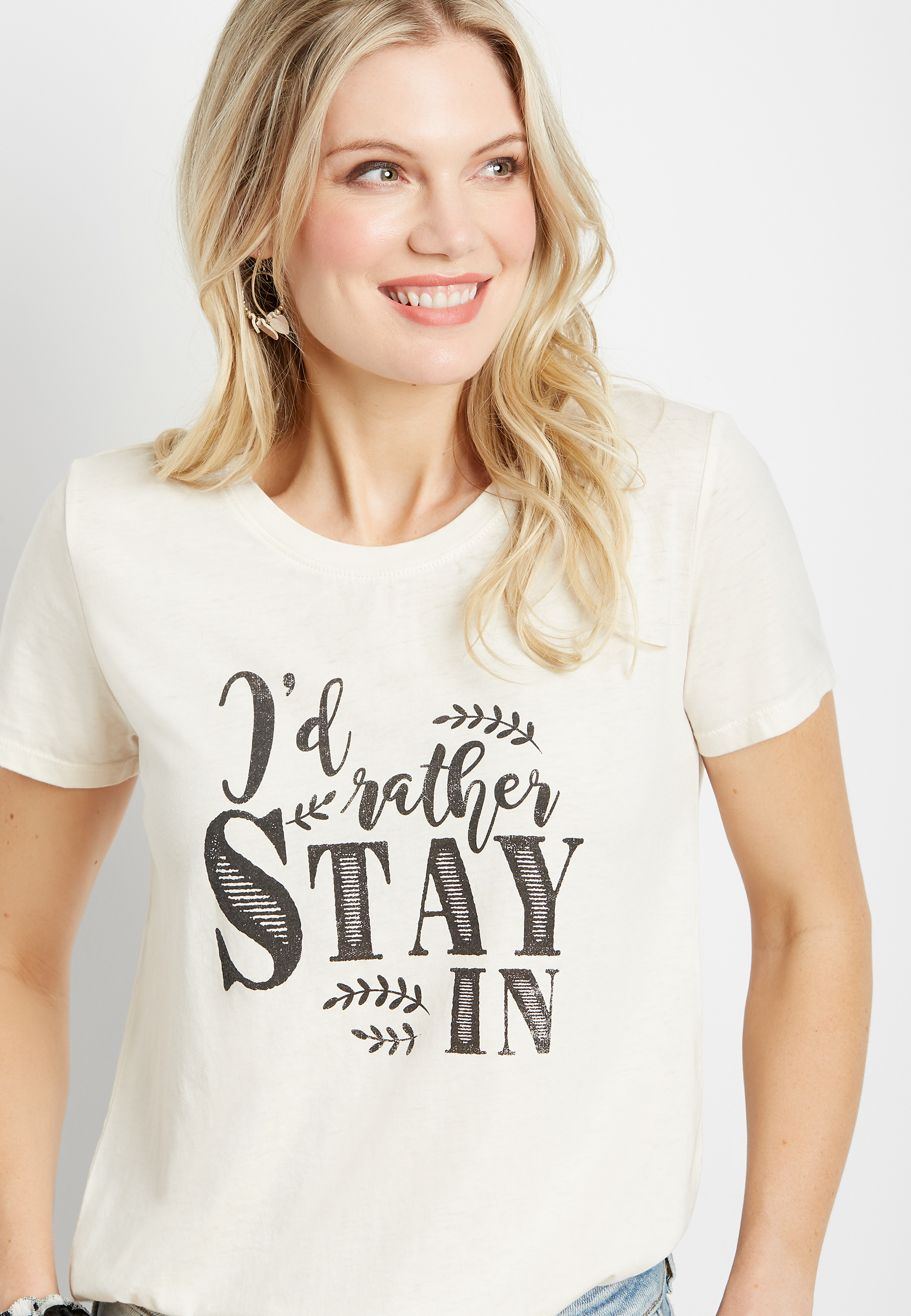 White I'd Rather Stay In Graphic Tee | maurices