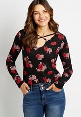 24/7 Black Floral Strappy Neck Cozy Tee, C1756, small