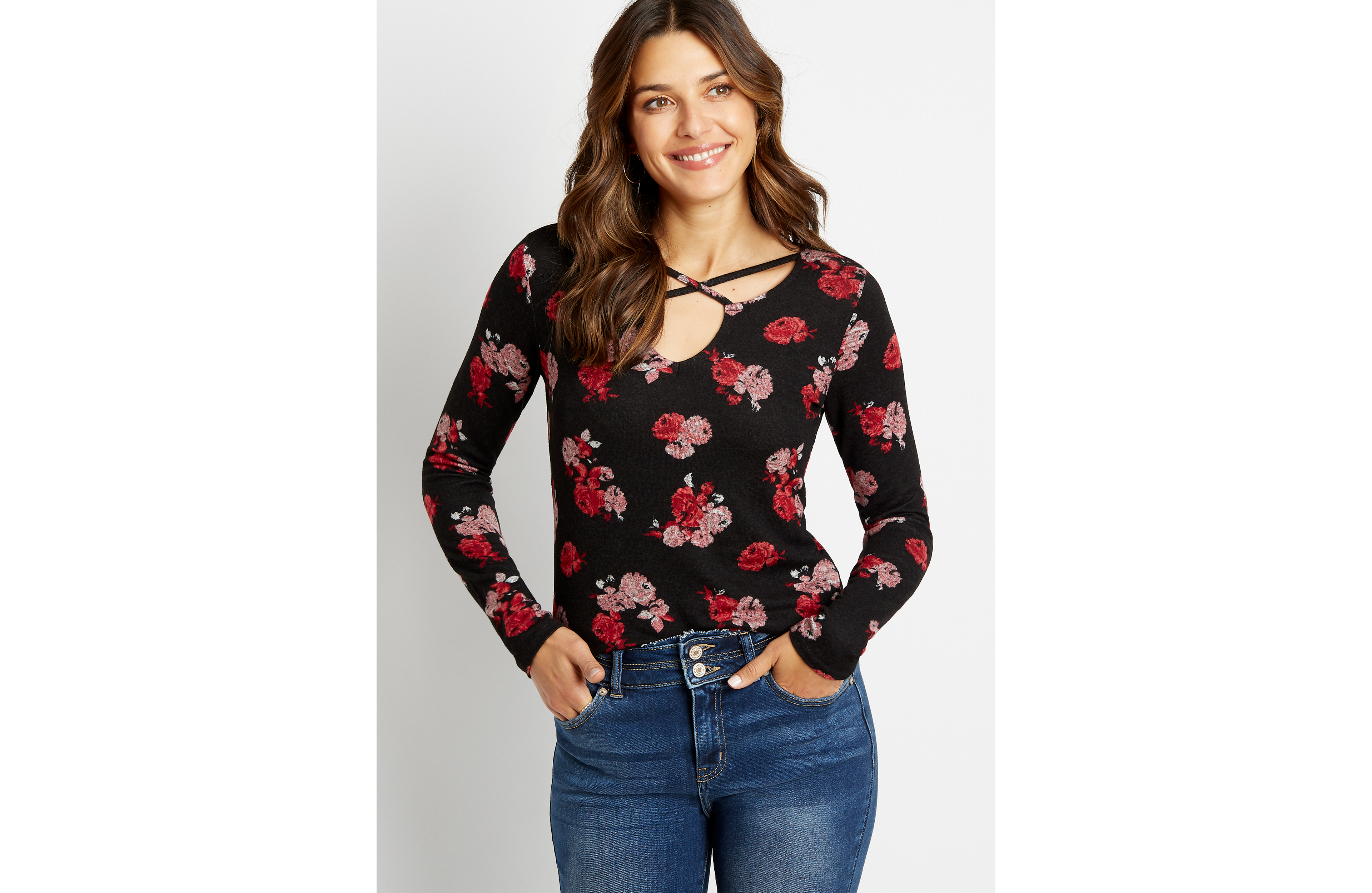 24/7 Black Floral Strappy Neck Cozy Tee