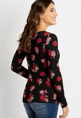 24/7 Black Floral Strappy Neck Cozy Tee, C1756, small