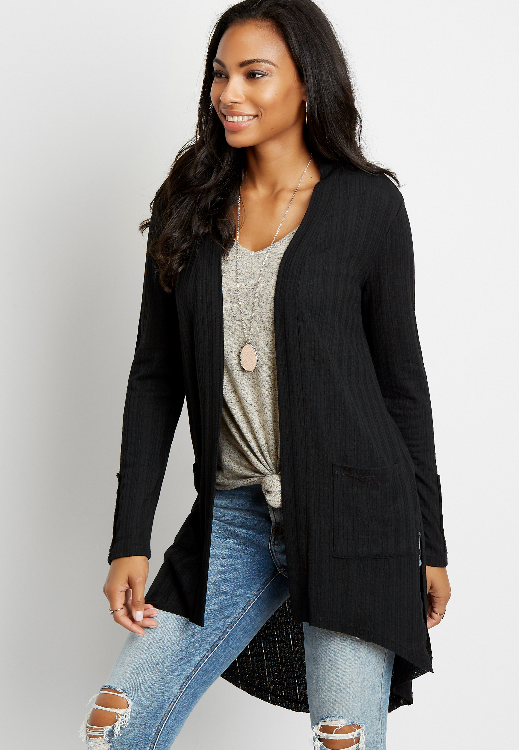 Black Snap Sleeve Open Front Duster Cardigan | maurices