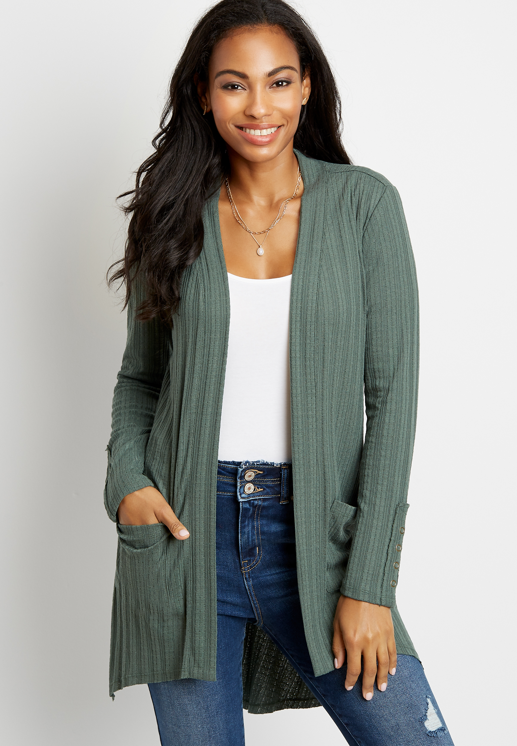 Olive Snap Sleeve Open Front Duster Cardigan | maurices