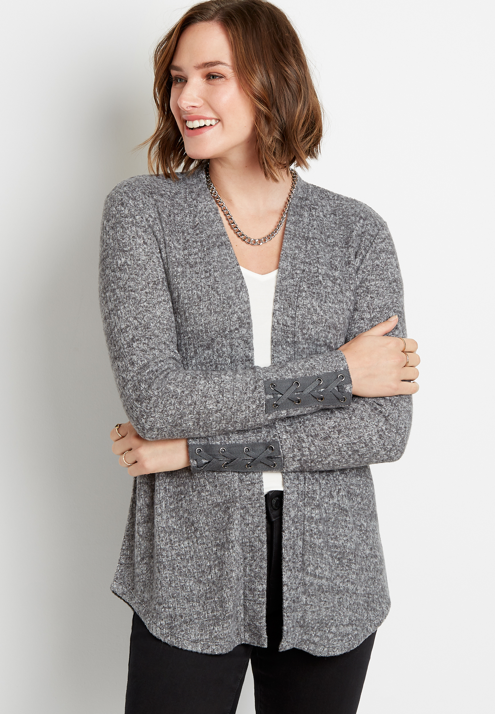 Heather Gray Lace Up Sleeve Open Front Cardigan | maurices