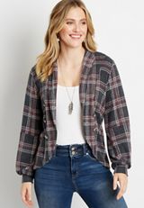 Gray Plaid Lantern Sleeve Open Front Military Cardigan, C2937, small