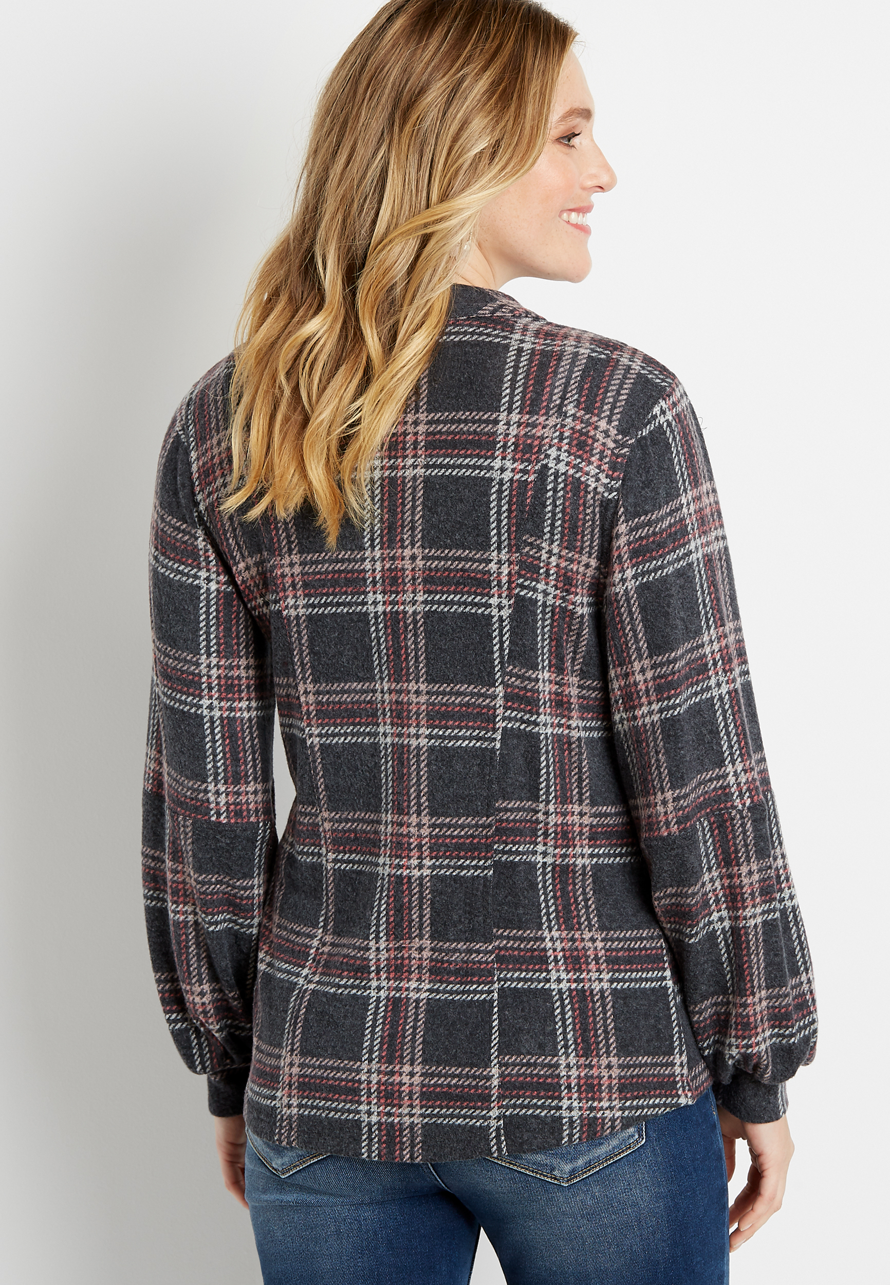 Gray Plaid Lantern Sleeve Open Front Military Cardigan, C2937, large