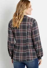 Gray Plaid Lantern Sleeve Open Front Military Cardigan, C2937, small