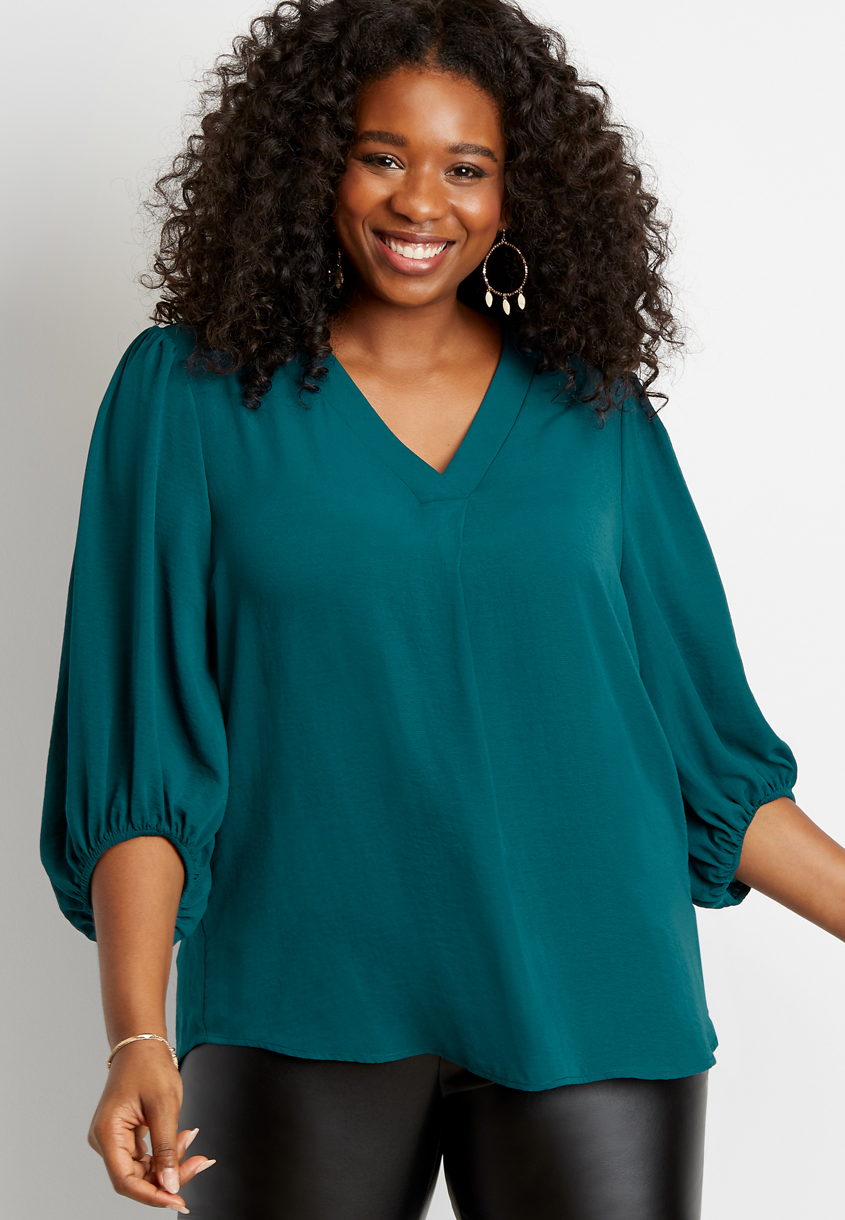 Plus Size Solid Balloon Sleeve V Neck Blouse | maurices
