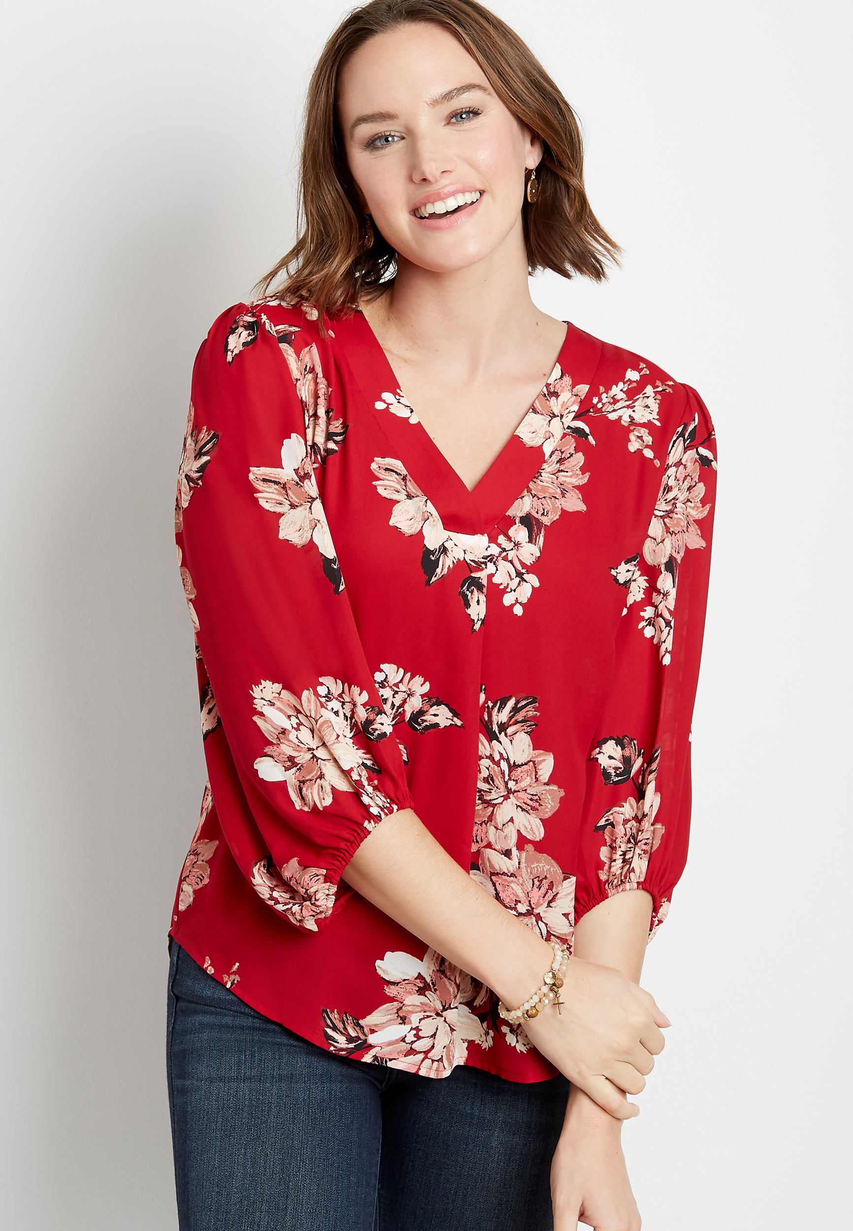 Red Floral Balloon Sleeve V Neck Blouse | maurices