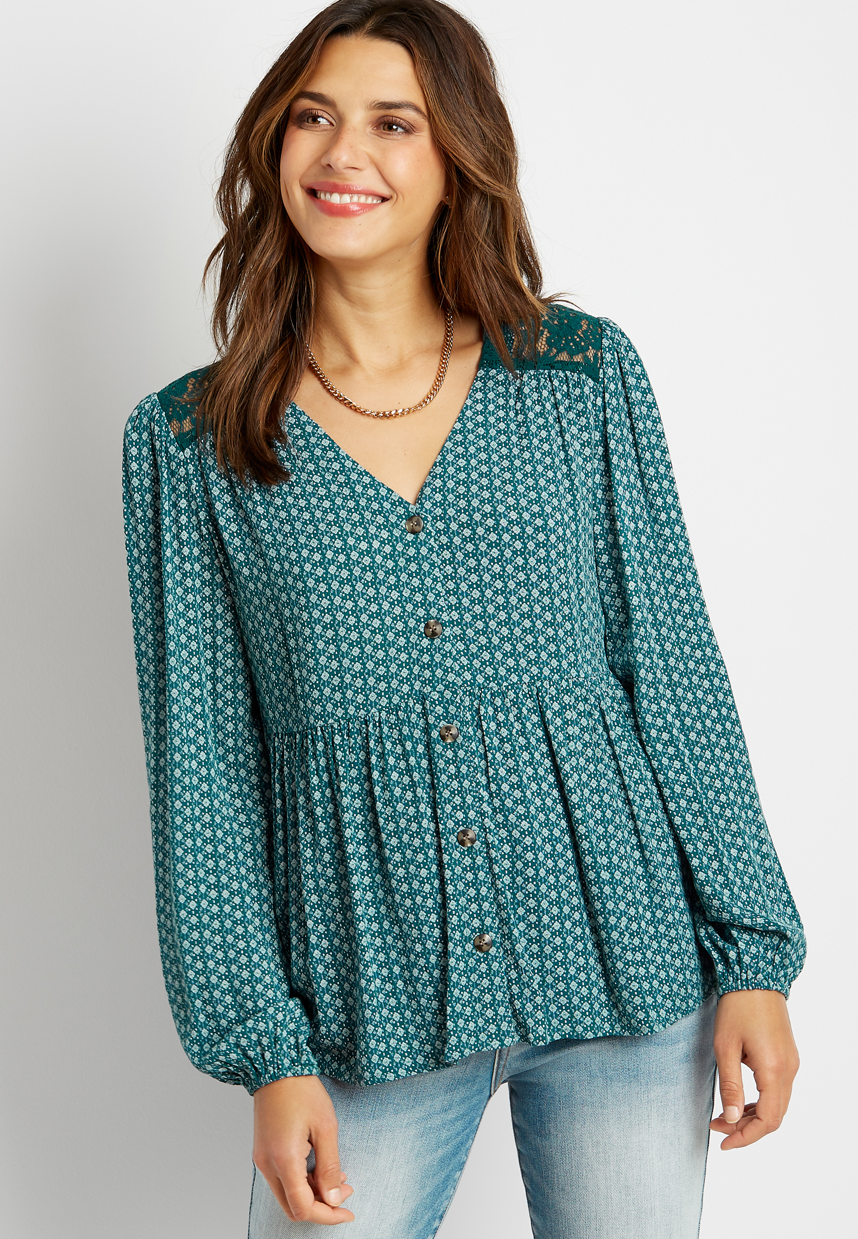 Blue Printed Button Front Babydoll Top | maurices
