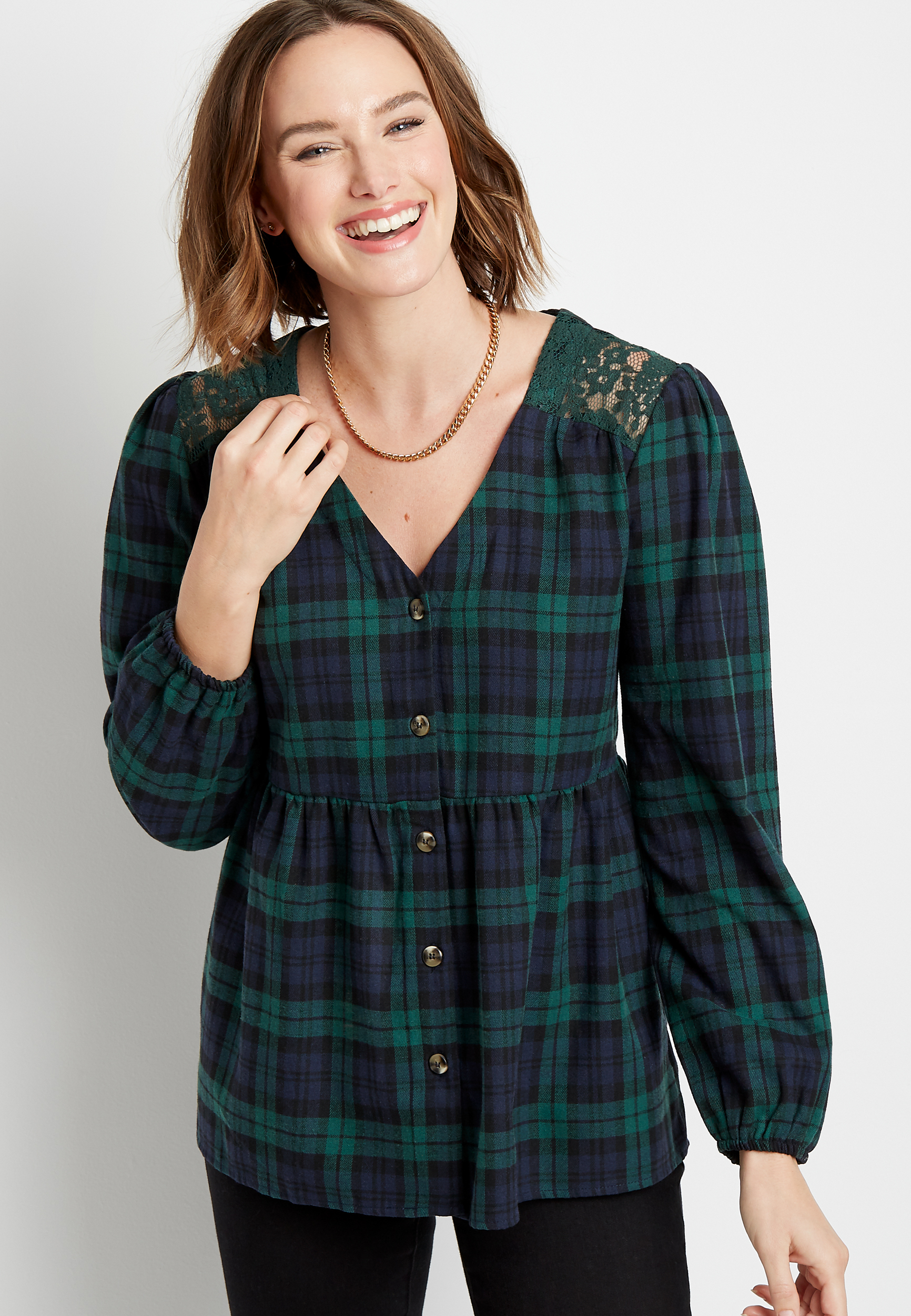 Blue Plaid Button Front Babydoll Top | maurices