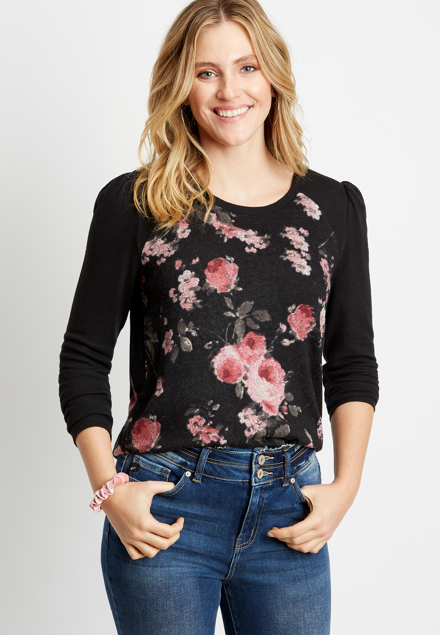 24/7 Black Floral Puff Sleeve Baseball Tee maurices