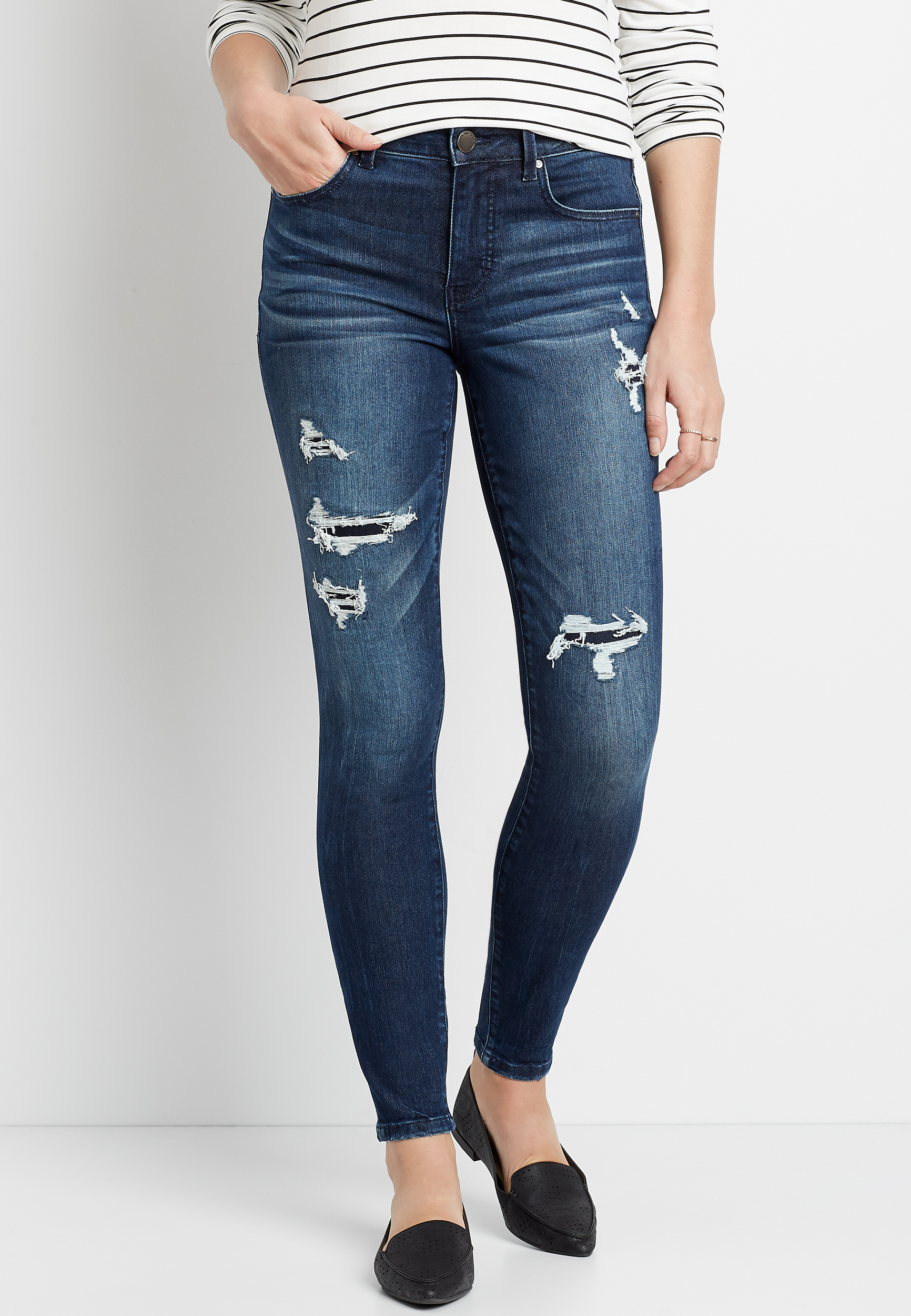 Everflex™ High Rise Dark Backed Destructed Skinny Jean | maurices