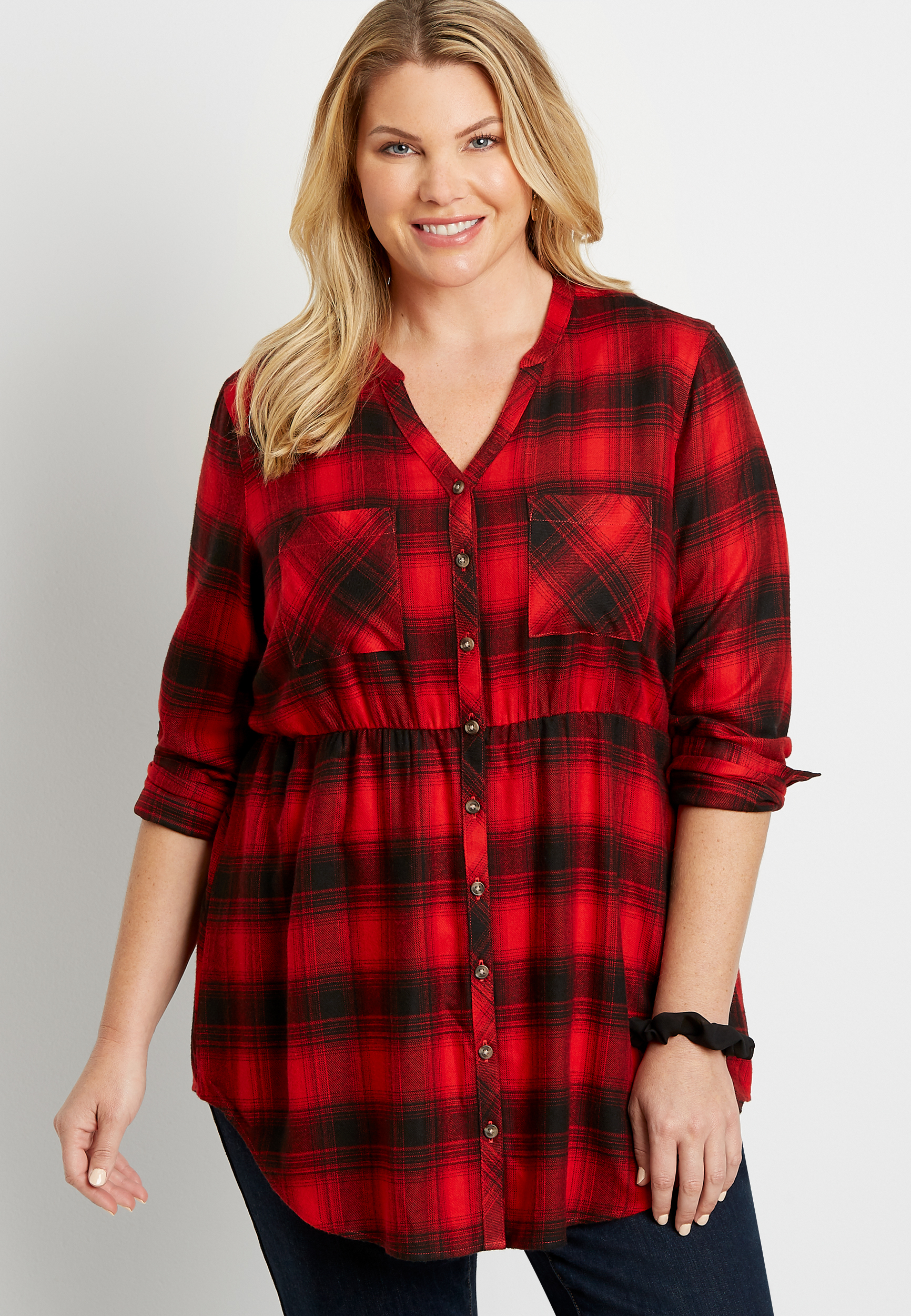 Plus Size Red Plaid Super Soft Button Down Babydoll Tunic Shirt | maurices