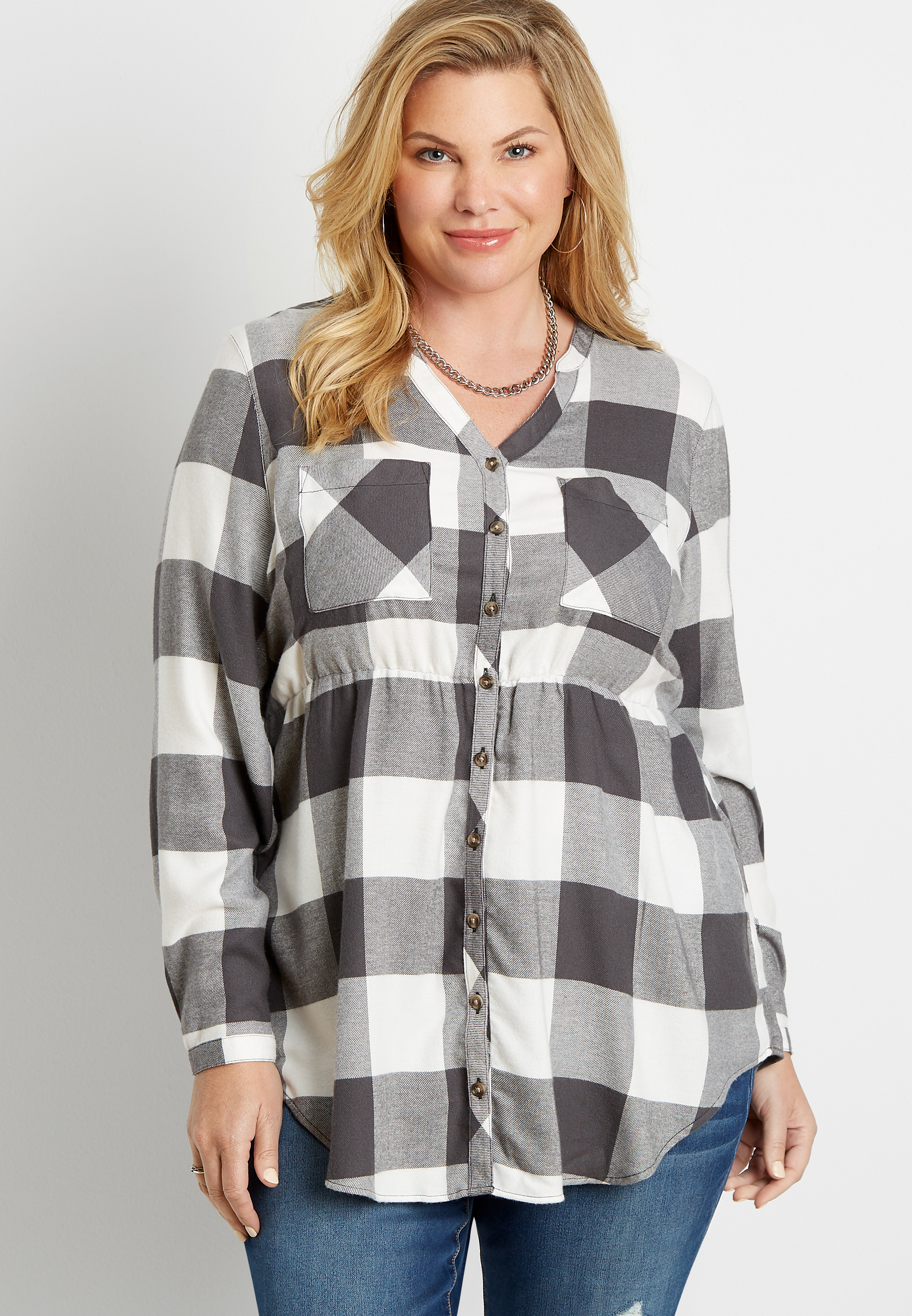 Plus Size Buffalo Plaid Super Soft Button Down Babydoll Tunic Shirt ...