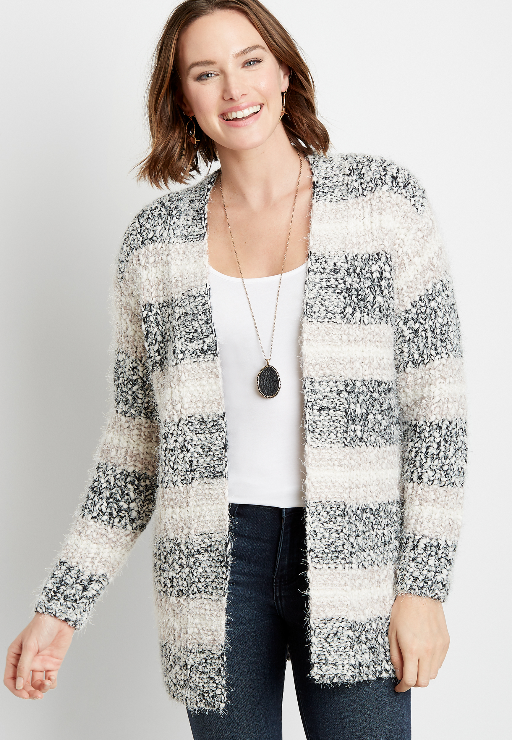 Gray Stripe Cozy Open Front Cardigan | maurices