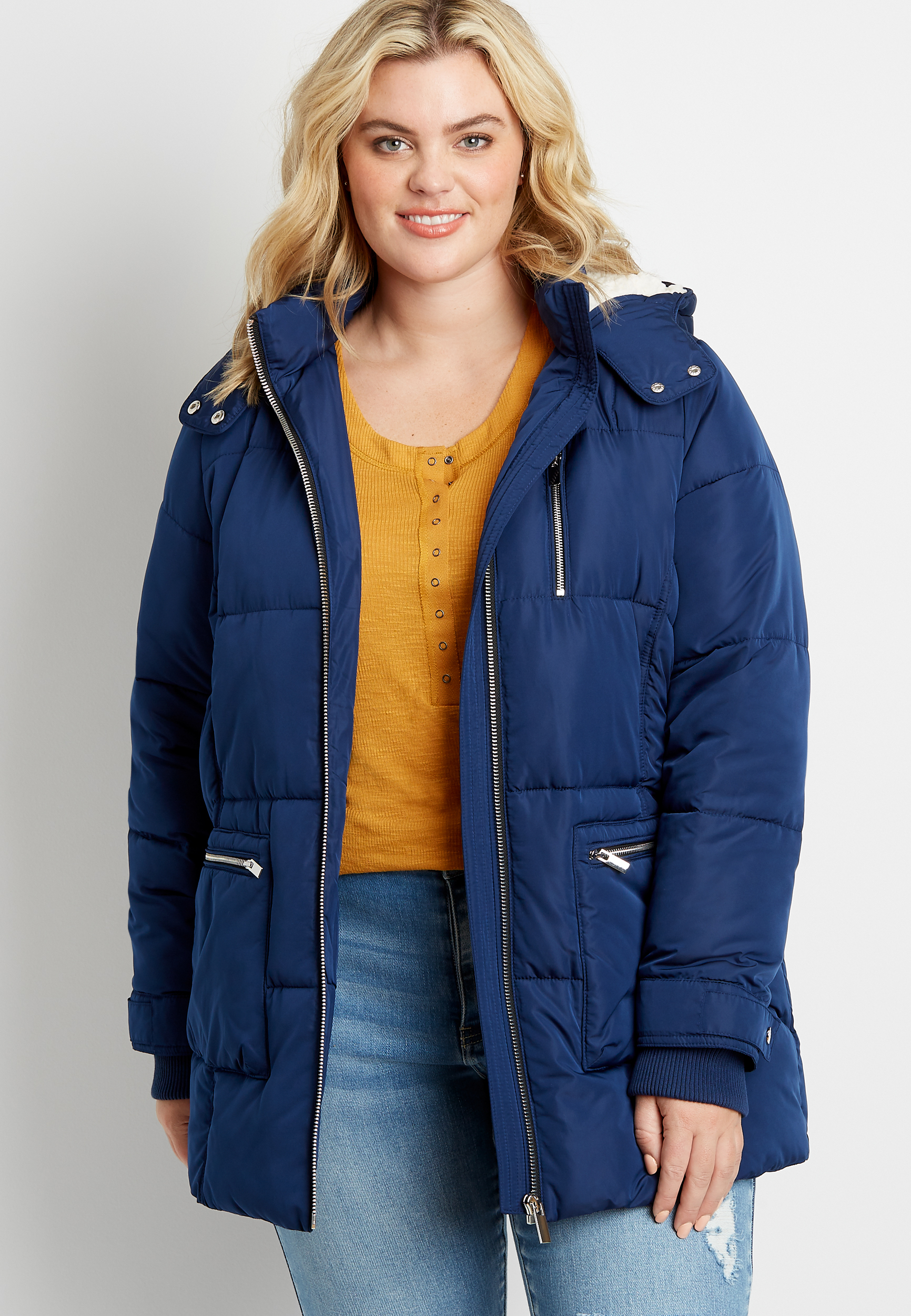 Plus Size Blue Sherpa Lined Hooded Puffer Outerwear Jacket | maurices