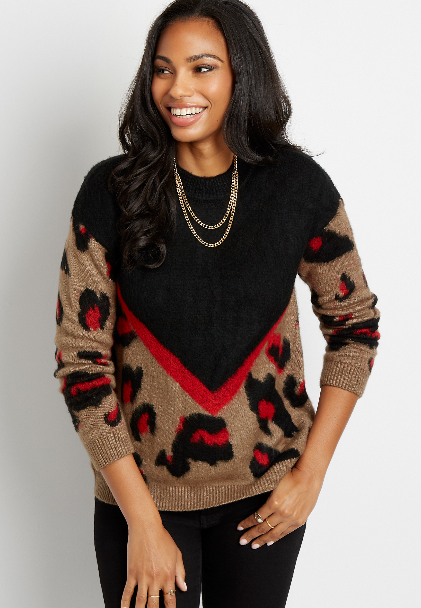 Chevron Leopard Print Cozy Pullover Sweater | maurices